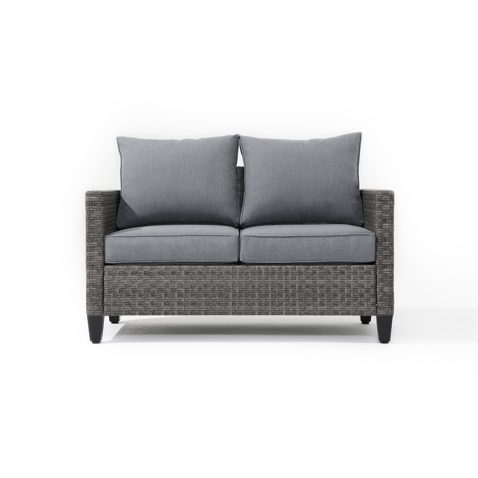 Ayia Modern HDPE Wicker Outdoor Furniture, patio loveseat with grey rattan design, grey cushions, Front angle - Jardina Furniture #color_Grey