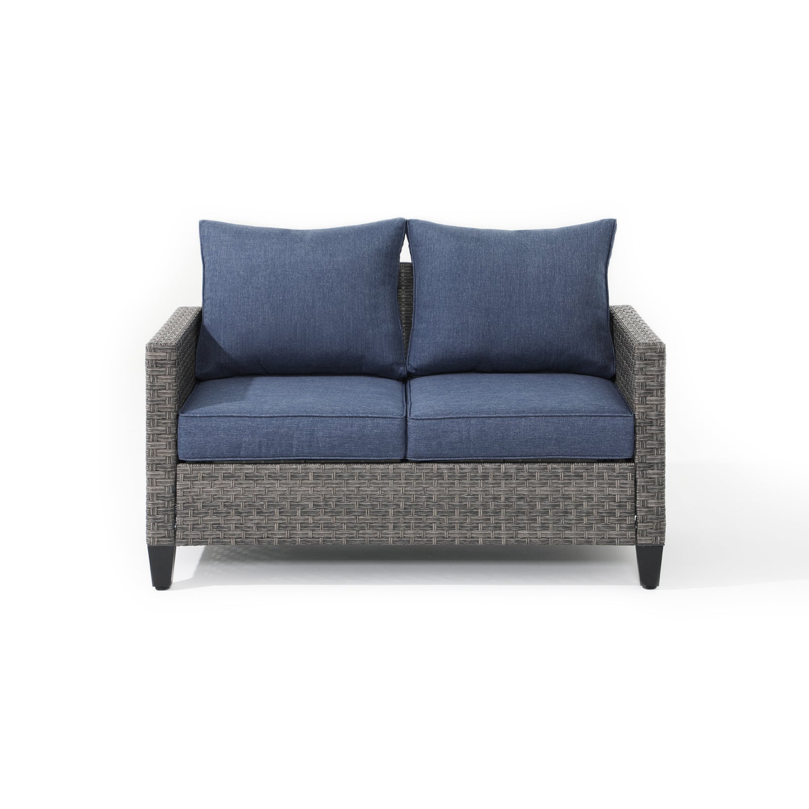 Ayia Modern HDPE Wicker Outdoor Furniture, patio loveseat with grey rattan design, navy blue  cushions, Front angle - Jardina Furniture #color_Navy blue