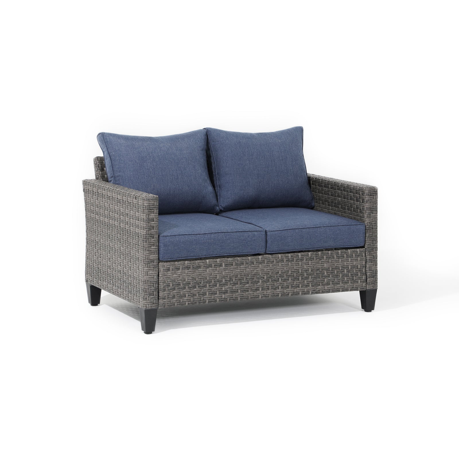 Ayia rattan design outdoor loveseat with navy blue cushions, right angle - Jardina Furniture #color_Navy blue
