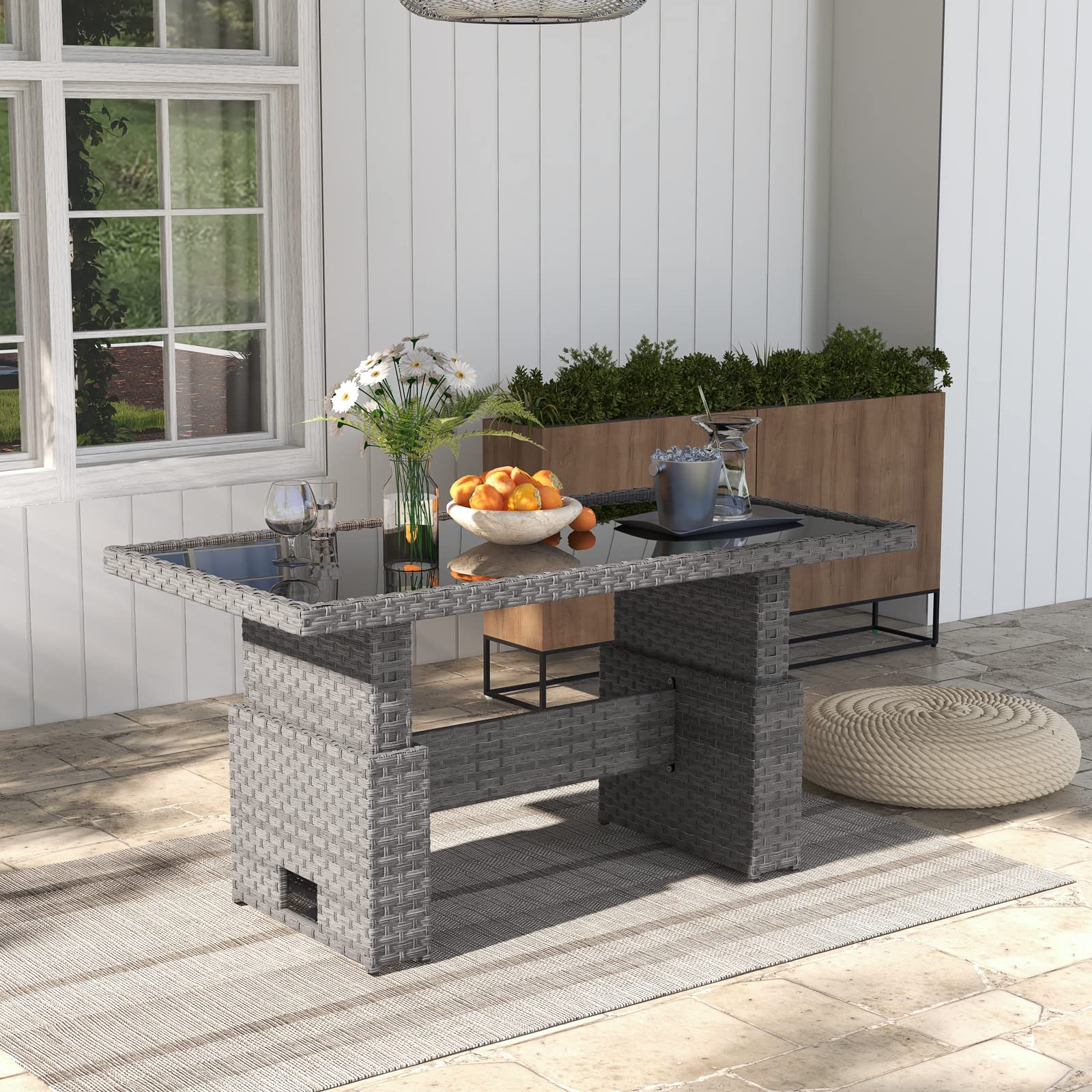 Aiya Modern Grey wicker outdoor lift top dining table with matal frame, rectangle - Jardina Furniture