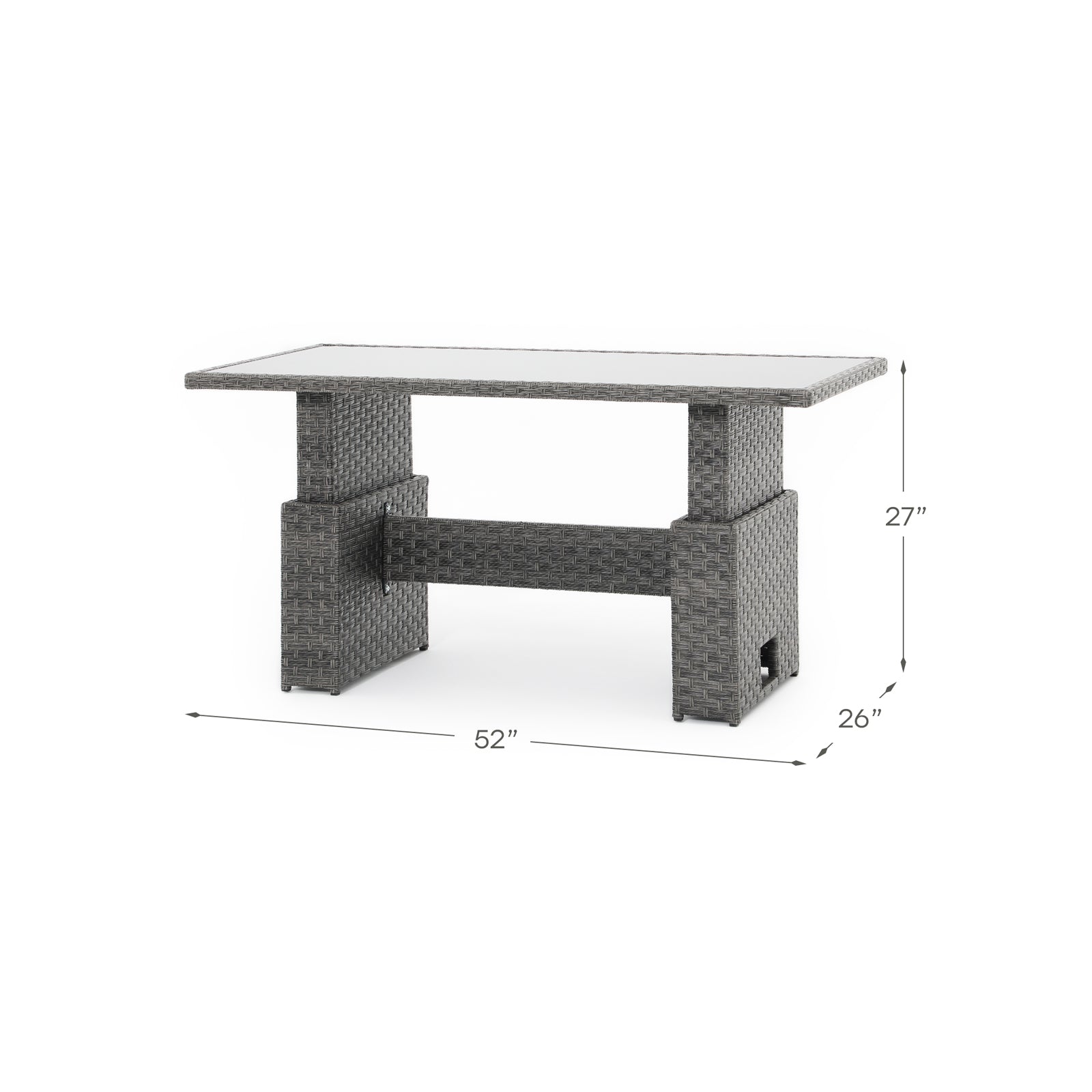 Ayia grey dining table, grey rattan, tempered glass dimension information - Jardina Furniture