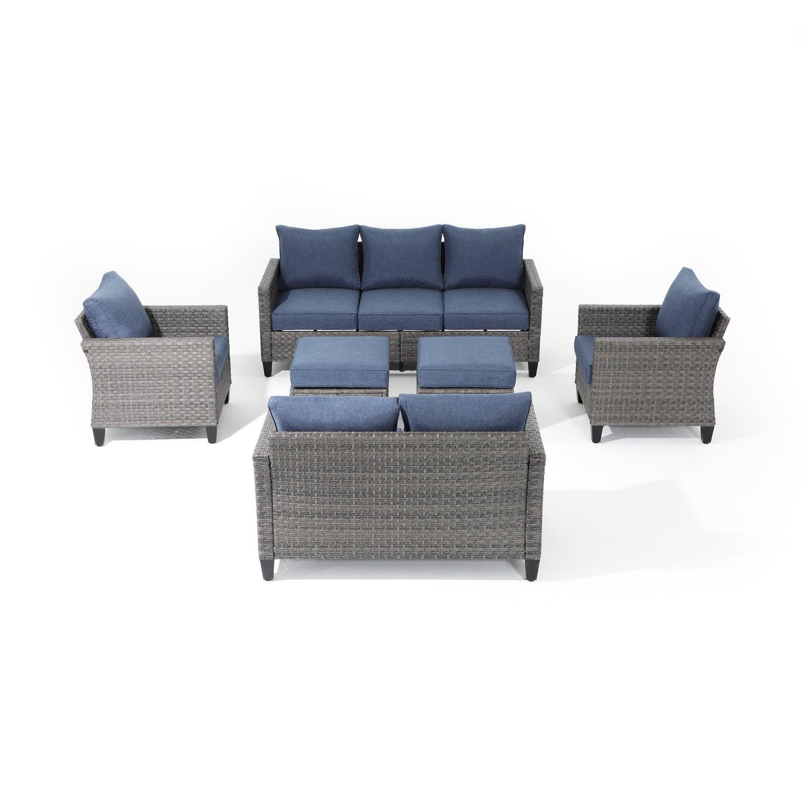 Ayia 6-Piece Grey outdoor Sofa Set with navu blue cushions, a 3-seater sofa, 2 arm chairs , 2 ottomans, 1 loveseat- Jardina Furniture #color_Navy blue#piece_6-pc. with ottomans