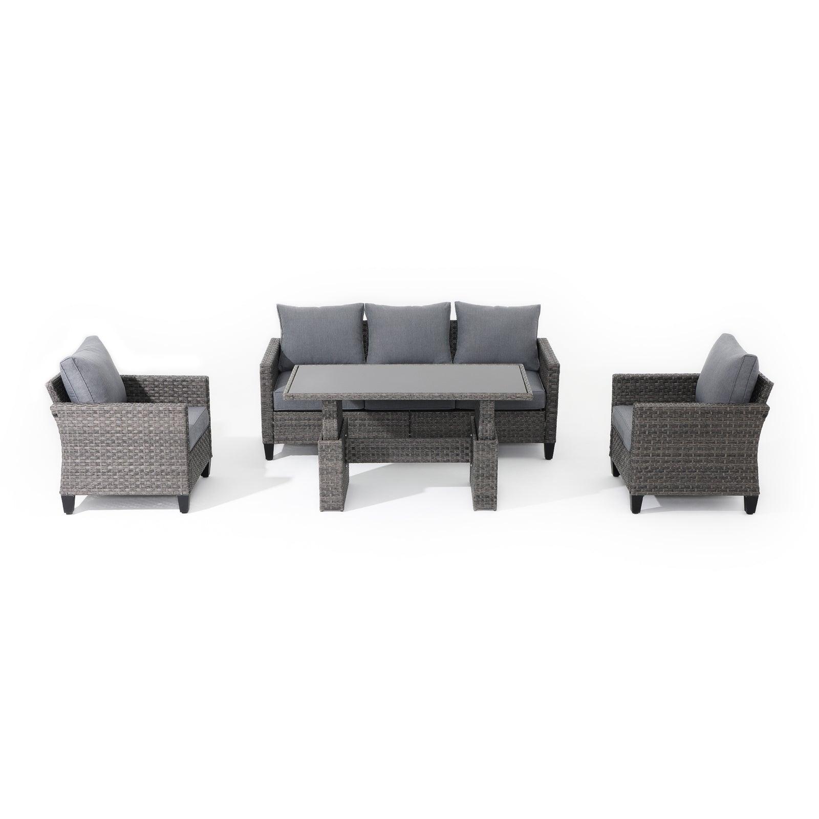 Ayia 4-Piece Grey outdoor Sofa Set with Rattan design, grey cushions, a 3-seater sofa, 2 arm chairs ,1 lift-top dining table  - Jardina Furniture #color_Grey#piece_4-pc. with Table