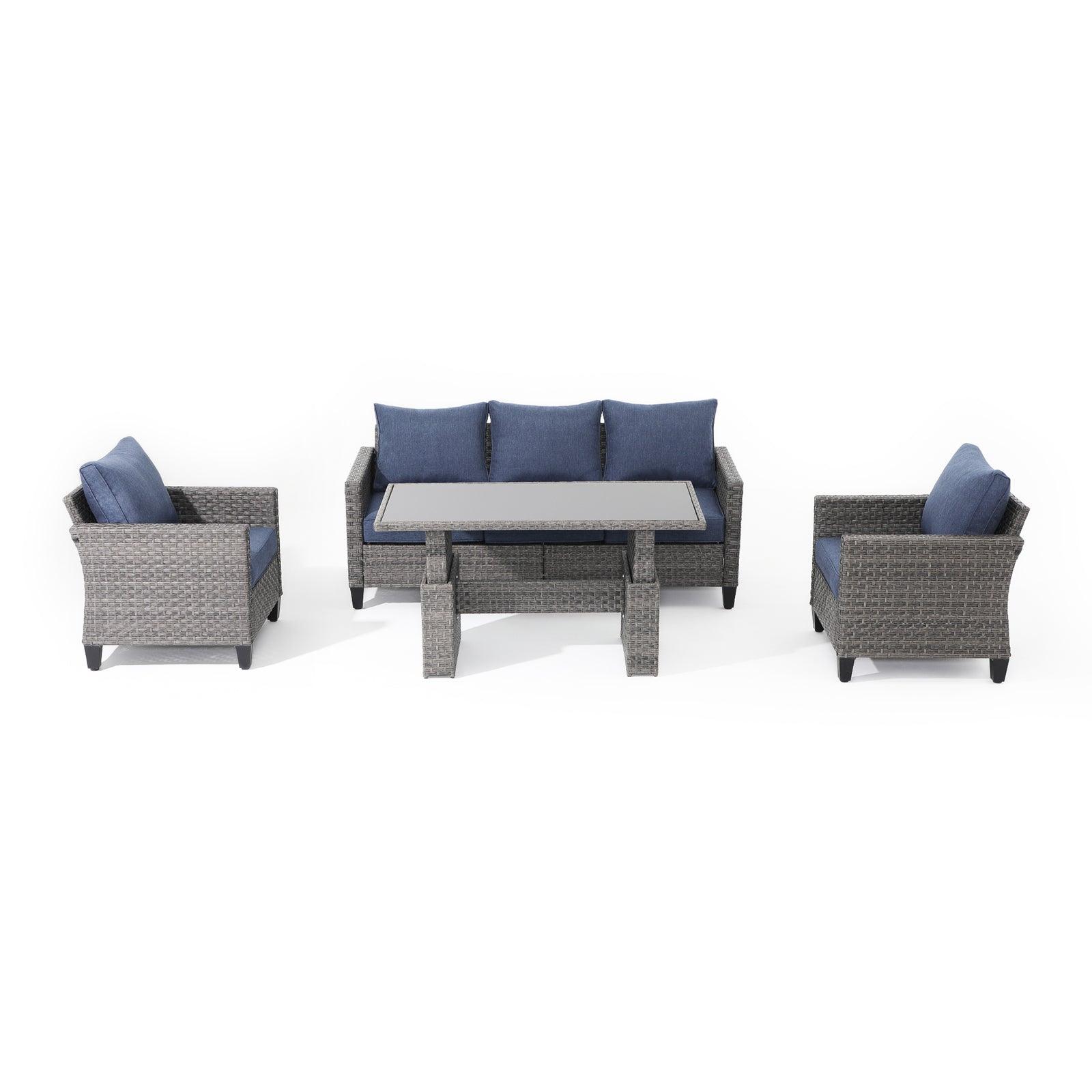 Ayia 4-Piece Grey outdoor Sofa Set with Rattan design, navy blue cushions, a 3-seater sofa, 2 arm chairs ,1 lift-top dining table  - Jardina Furniture #color_Navy Blue#piece_4-pc. with table