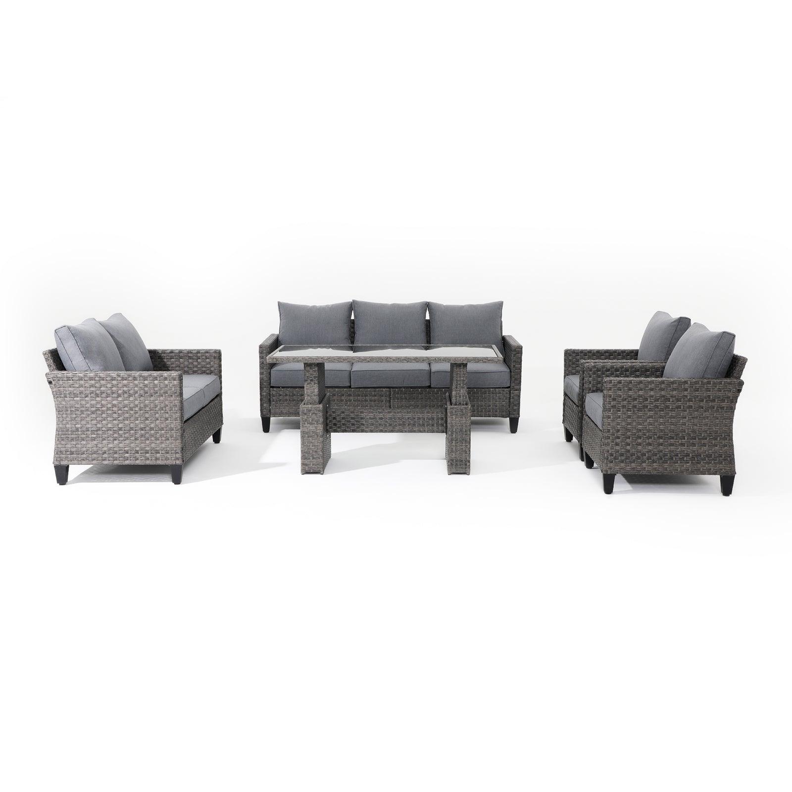 Ayia 5-Piece outdoor Sofa Set with Rattan design, grey cushions, a 3-seater sofa, 2 arm chairs , 1 loveseat, 1 multifunctional lift top dining table, front view - Jardina Furniture #color_Grey #piece_5-pc. with table