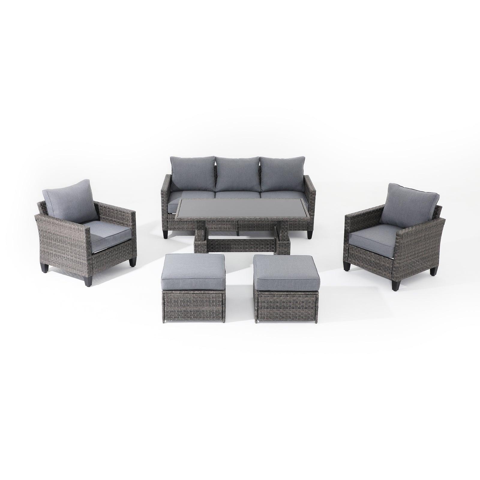 Ayia 6-Piece outdoor Sofa Set with Rattan design, Grey cushions, a 3-seater sofa, 2 arm chairs , 2 ottomans, 1 multifunctional outdoor table - Jardina Furniture #color_Grey#piece_6-pc. with ottomans & Table