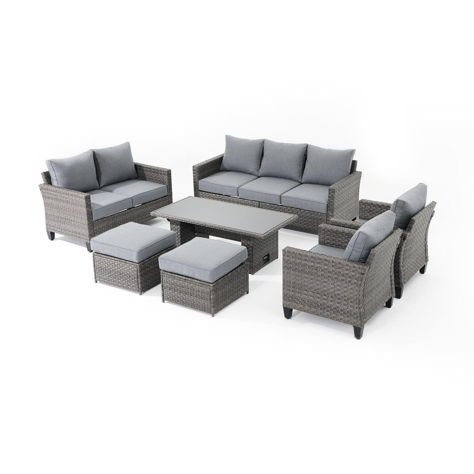 Ayia 7-Piece Grey outdoor Sofa Set with Rattan design, grey cushions, a 3-seater sofa, 2 arm chairs , 2 ottomans, 1 loveseat, multifunctional outdoor table, left angle- Jardina Furniture #color_Grey#piece_7-pc. with ottomans & Table