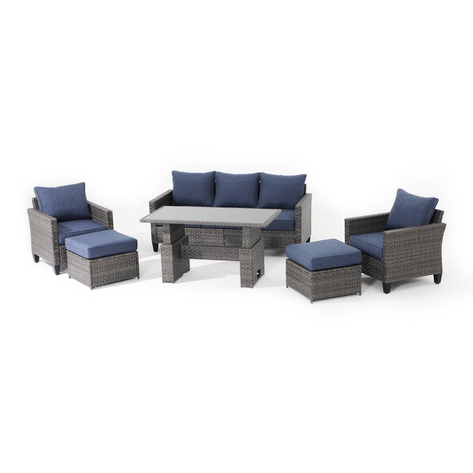 Ayia 6-Piece outdoor Sofa Set with Rattan design, Navy Blue cushions, a 3-seater sofa, 2 arm chairs , 2 ottomans, 1 multifunctional outdoor table - Jardina Furniture #color_Navy blue#piece_6-pc. with ottomans & Table