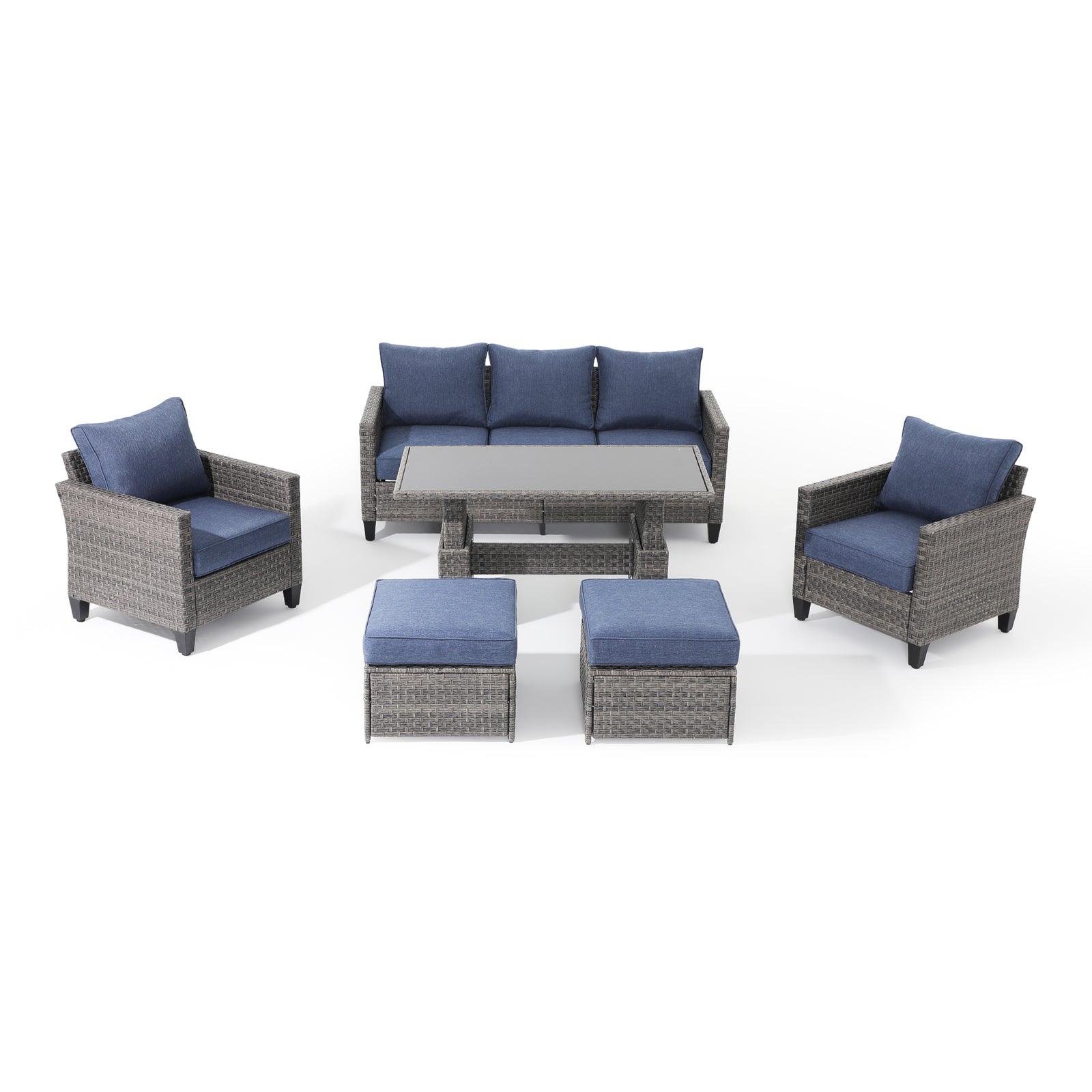 Ayia 6-Piece outdoor Sofa Set with Rattan design, Navy Blue cushions, a 3-seater sofa, 2 arm chairs , 2 ottomans, 1 lift-top outdoor table, front view - Jardina Furniture #color_Navy blue#piece_6-pc. with ottomans & Table