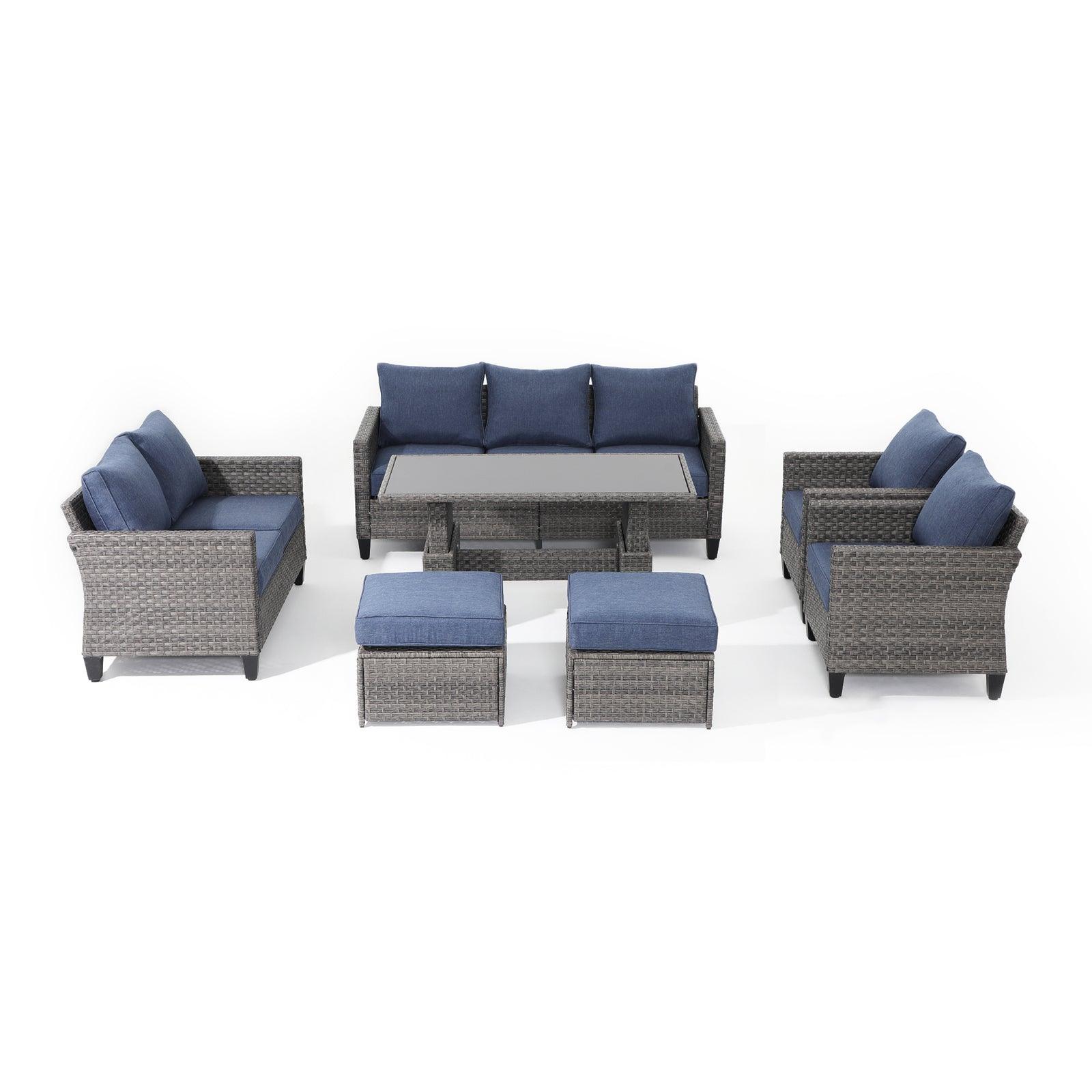 Ayia 7-Piece outdoor Sofa Set with Rattan design, Navy Blue cushions, a 3-seater sofa, 2 arm chairs , 2 ottomans, 1 loveseat, 1 lift-top dining table - Jardina Furniture #color_Navy blue#piece_7-pc. with ottomans & Table