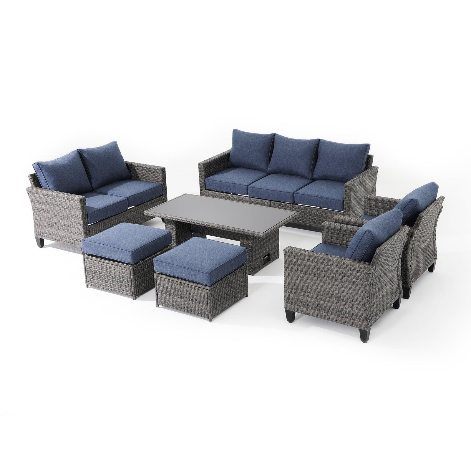 Ayia 7-Piece outdoor Sofa Set with Rattan design, Navy Blue cushions, a 3-seater sofa, 2 arm chairs , 2 ottomans, 1 loveseat multifunctional outdoor table, left angle- Jardina Furniture #color_Navy blue#piece_7-pc. with ottomans & Table