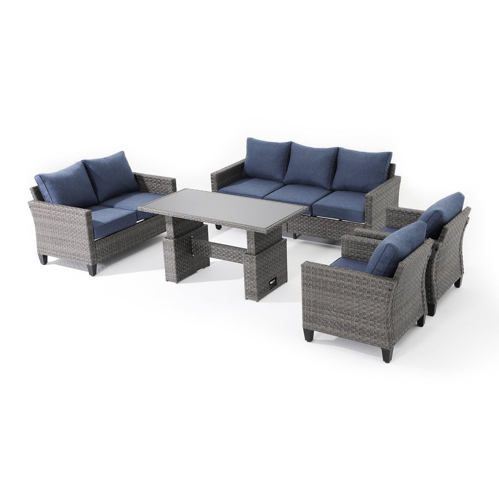 Ayia 5-Piece outdoor Sofa Set with Rattan design, Navy Blue cushions, a 3-seater sofa, 2 arm chairs , 1 loveseat, 1 multifunctional outdoor table, left angle view- Jardina Furniture #color_Navy blue#piece_5-pc. with table