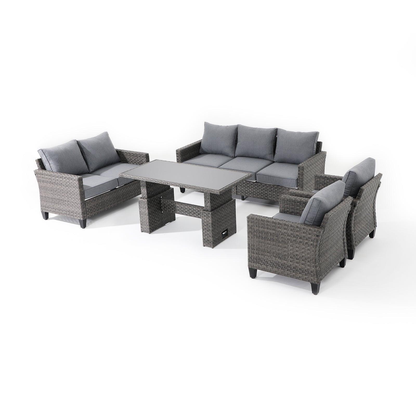 Ayia 5-Piece outdoor Sofa Set with Rattan design, grey cushions, a 3-seater sofa, 2 arm chairs , 1 loveseat, 1 lift-top dining table, left angle view- Jardina Furniture #color_Grey#piece_5-pc. with table