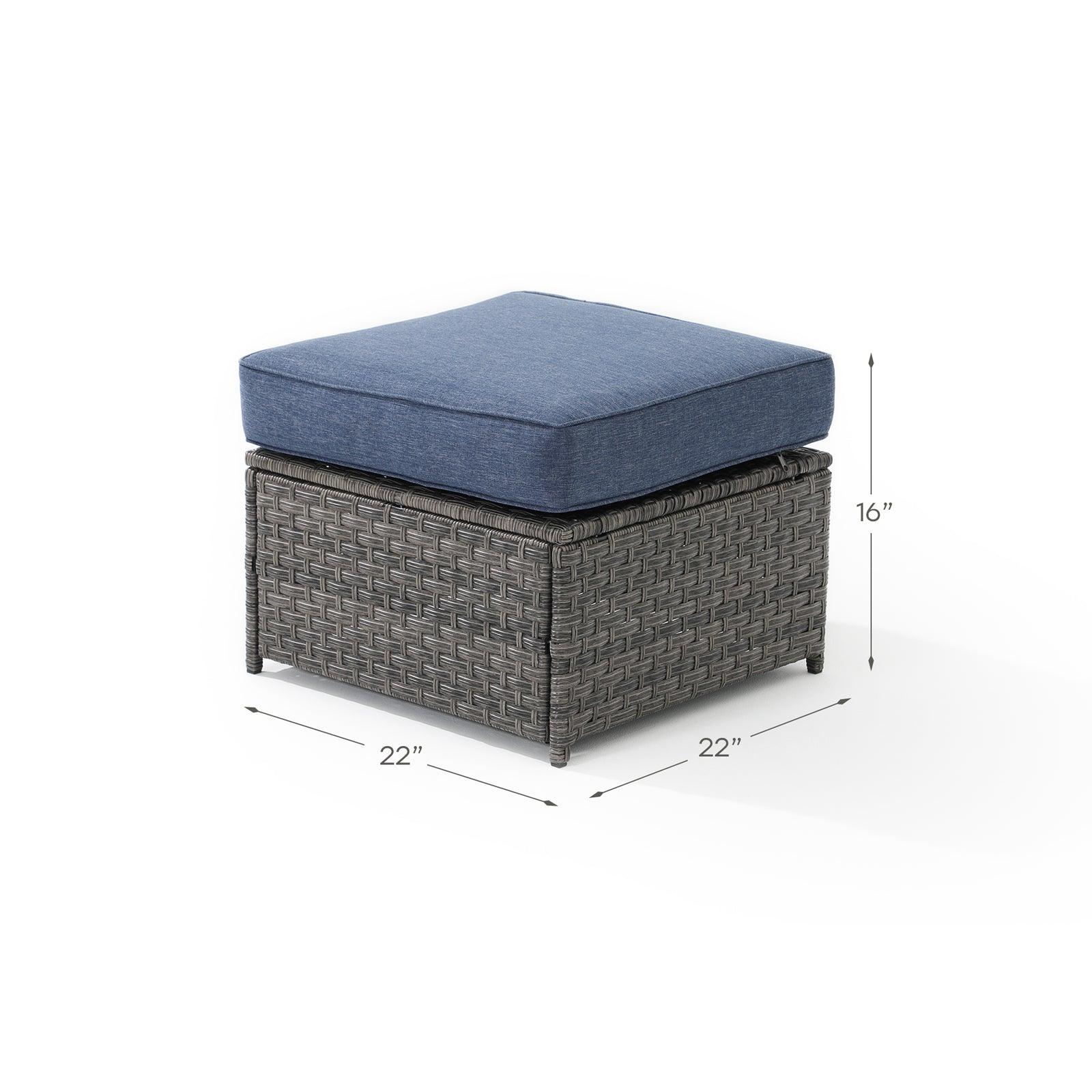 Ayia ottoman with grey rattan design, navy blue cushions, dimension information  - Jardina Furniture #color_Navy blue