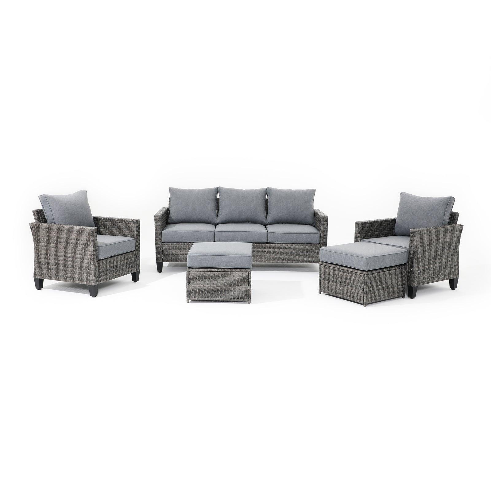 Ayia 5-Piece Grey wicker outdoor Sofa Set with grey cushions, a 3-seater sofa, 2 arm chairs , 2 ottomans - Jardina Furniture #piece_5-pc. with ottomans #color_Grey