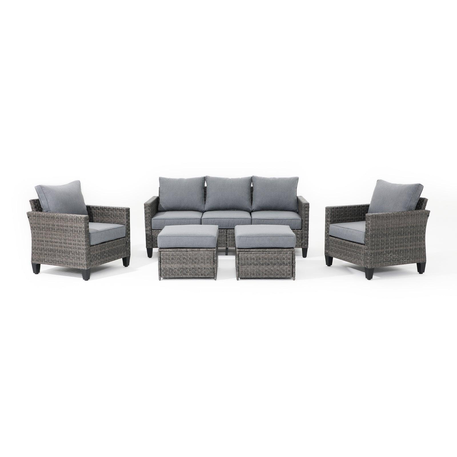 Ayia 5-Piece Grey outdoor Sofa Set with Rattan design, grey cushions, a 3-seater sofa, 2 arm chairs , 2 ottomans, front view- Jardina Furniture #color_Grey#piece_5-pc. with ottomans