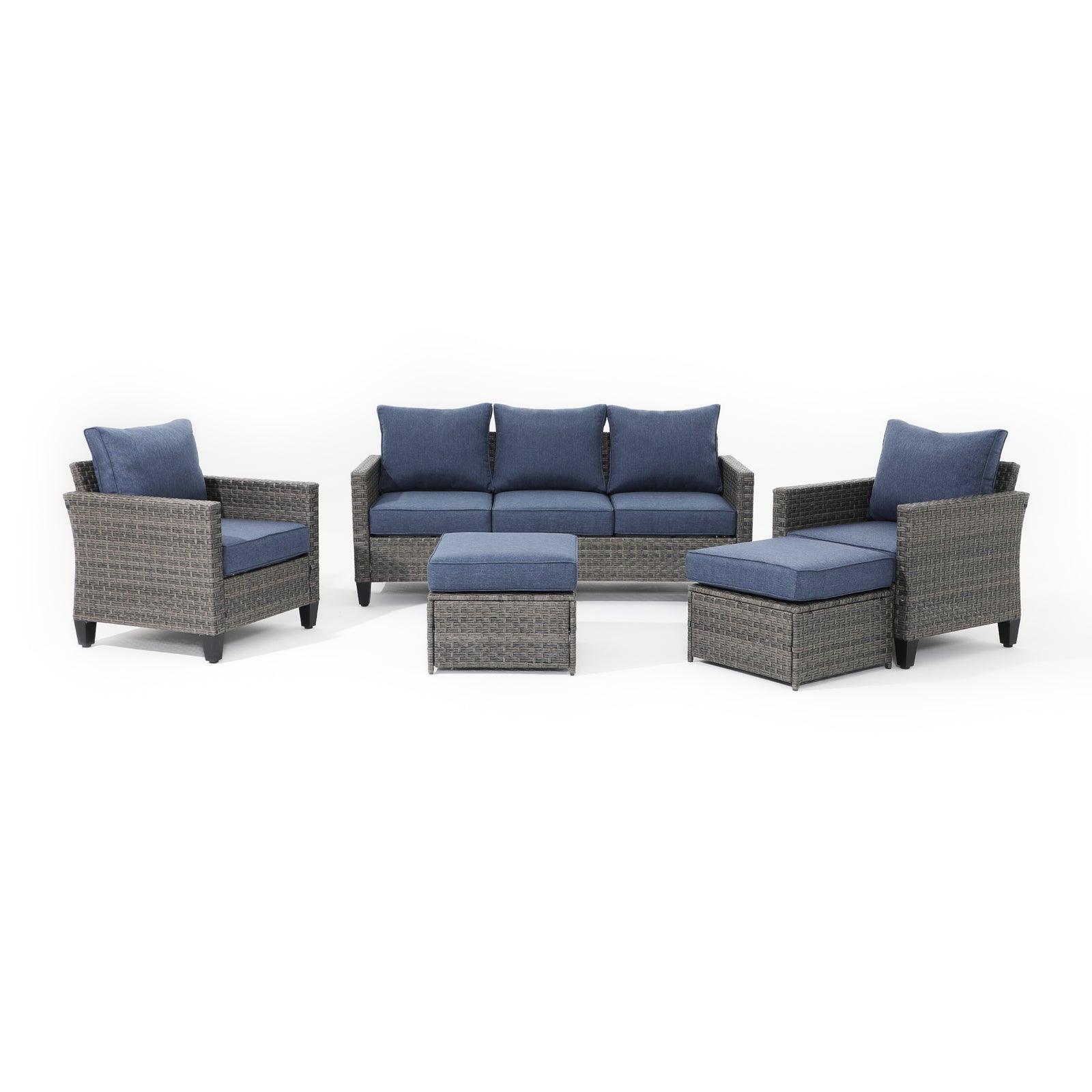 Ayia 5-Piece grey wicker outdoor Sofa Set with Navy Blue cushions, a 3-seater sofa, 2 arm chairs , 2 ottomans - Jardina Furniture  #color_Navy blue#Piece_5-pc. with Ottomans