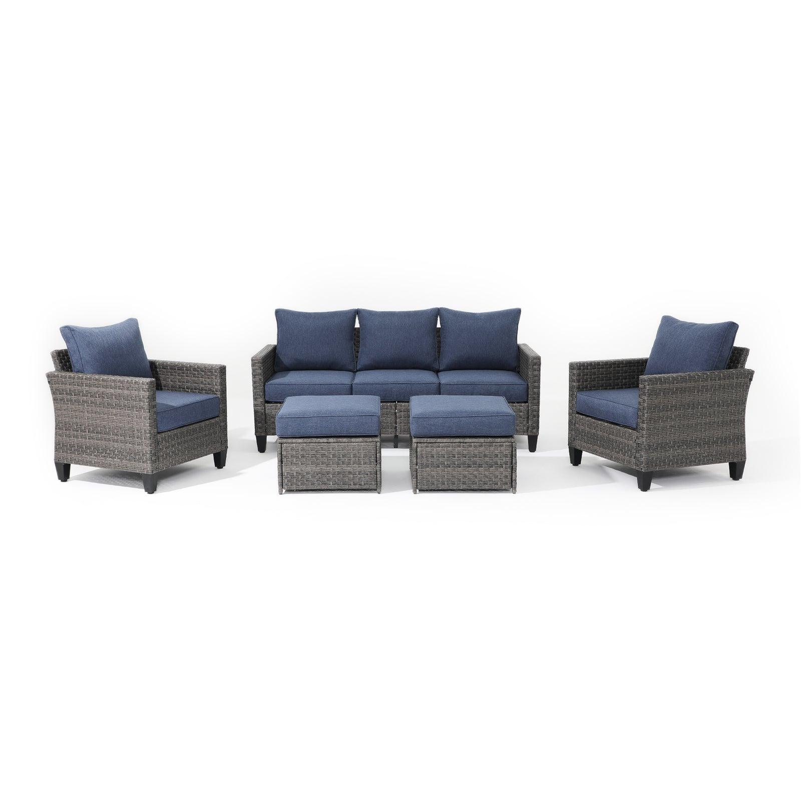Ayia 5-Piece outdoor Sofa Set with grey Rattan design, Navy Blue cushions, a 3-seater sofa, 2 arm chairs , 2 ottomans, front view - Jardina Furniture #color_Navy blue#piece_5-pc. with ottomans