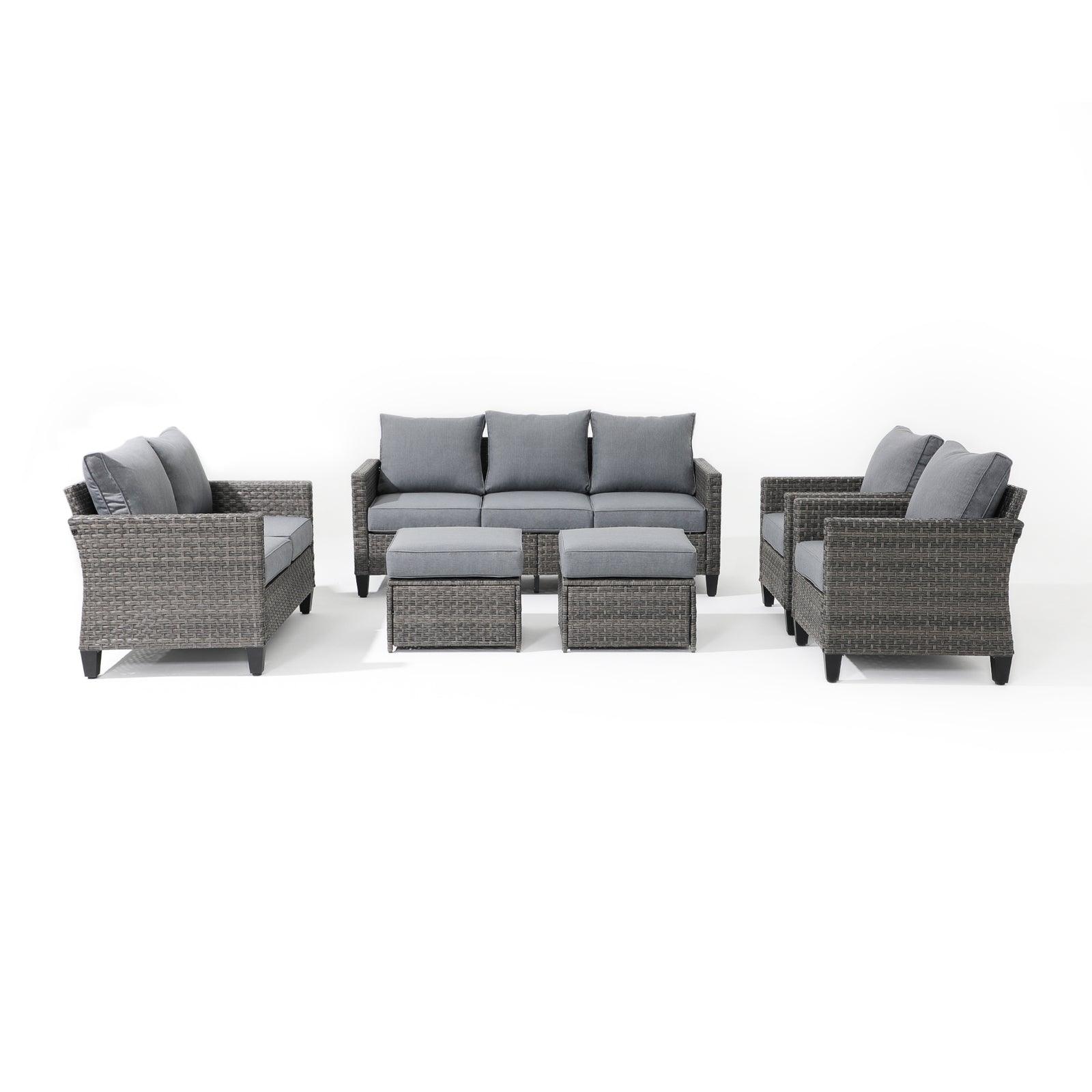 Ayia 6-Piece Grey outdoor Sofa Set with grey cushions, a 3-seater sofa, 2 arm chairs , 2 ottomans, 1 loveseat- Jardina Furniture #color_Grey#piece_6-pc. with ottomans