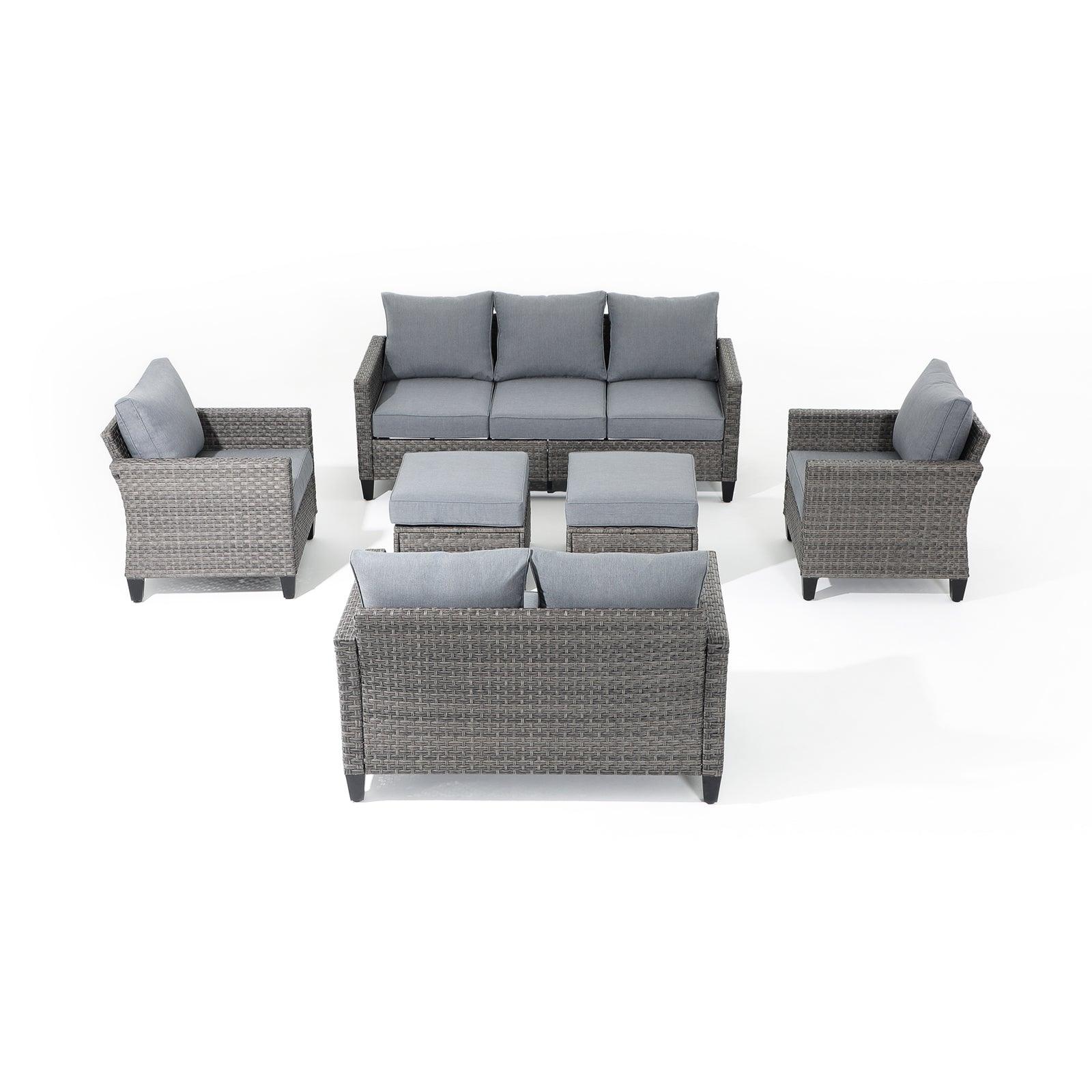 Ayia 6-Piece Grey outdoor Sofa Set with Rattan design, grey cushions, a 3-seater sofa, 2 arm chairs , 2 ottomans, 1 loveseat- Jardina Furniture #color_Grey#piece_6-pc. with ottomans