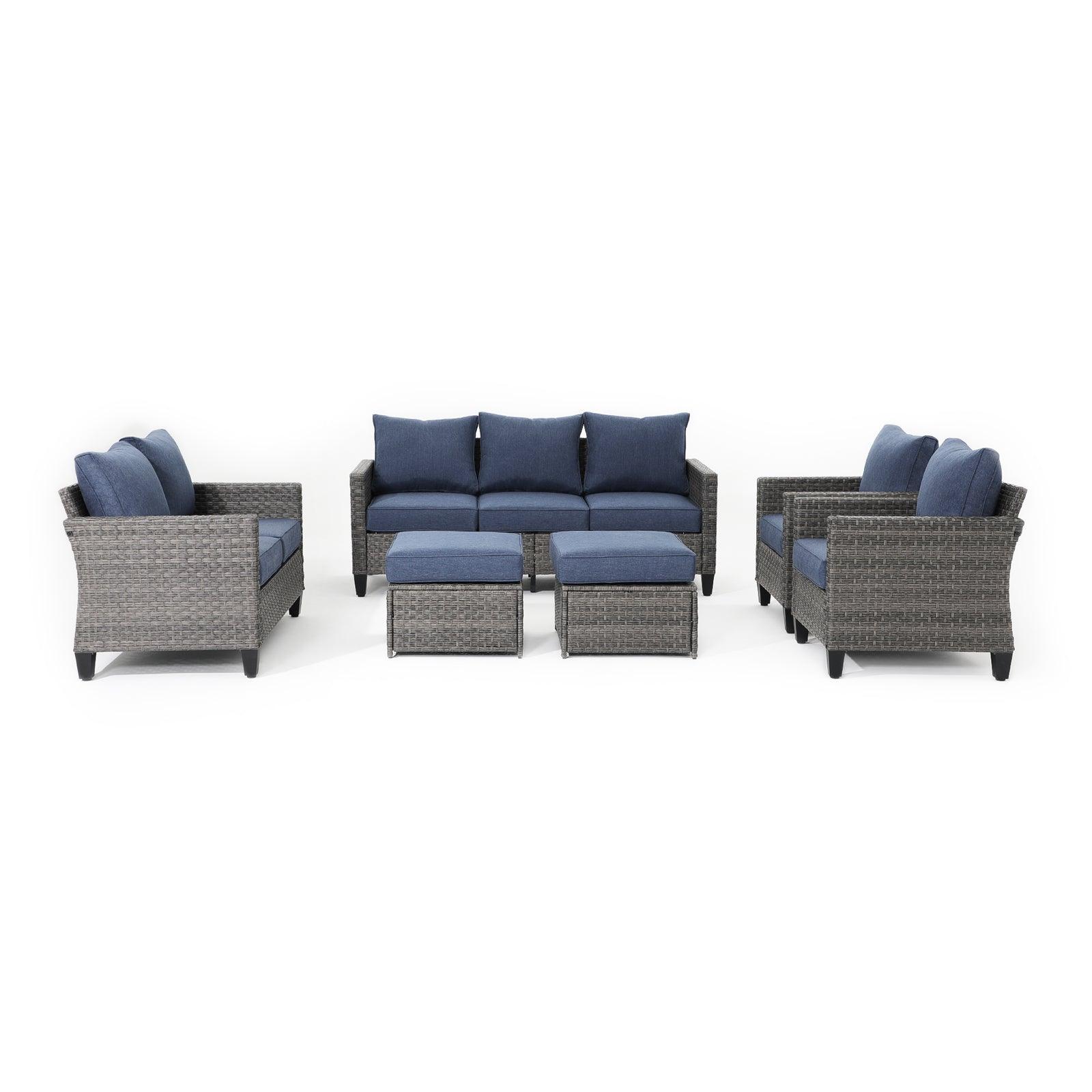 Ayia 6-Piece outdoor Sofa Set with Rattan design, Navy Blue  cushions, a 3-seater sofa, 2 arm chairs , 2 ottomans, 1 loveseat,front view- Jardina Furniture #color_Navy blue#piece_6-pc. with ottomans