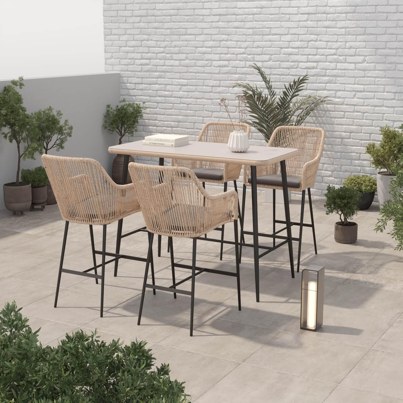 Hallerbos 5-piece outdoor bar height set with steel frame and natural twisted rattan design, 1 bar table, 4 bar chairs, side view - Jardina Furniture