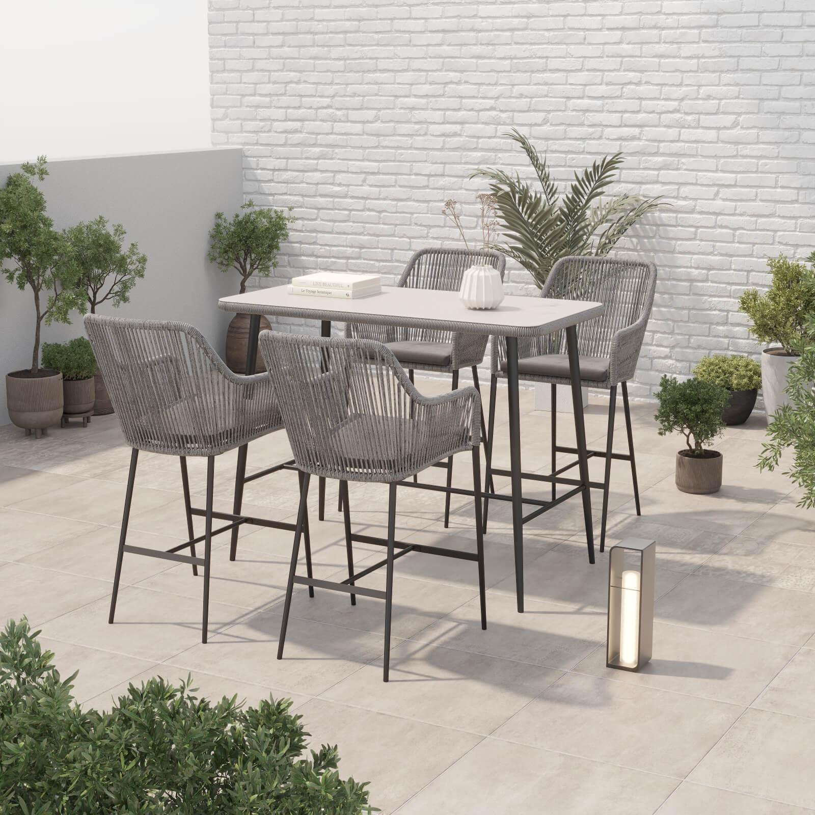 Hallerbos Modern Wicker Outdoor Furniture, steel frame outdoor bar height set with grey twisted rattan design, 1 bar table, 4 bar chairs, side view - Jardina Furniture