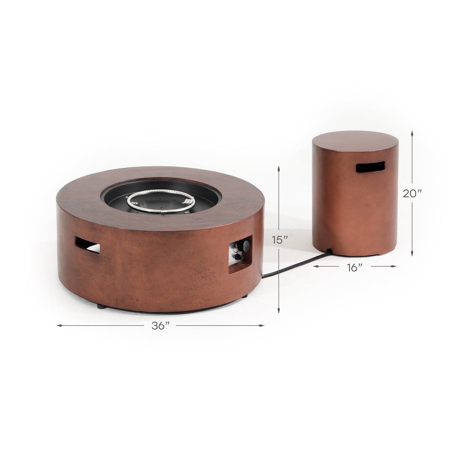 Boboli brown Outdoor Propane Fire Pit with tank holder, dimension info- Jardina Furniture #color_Bronze