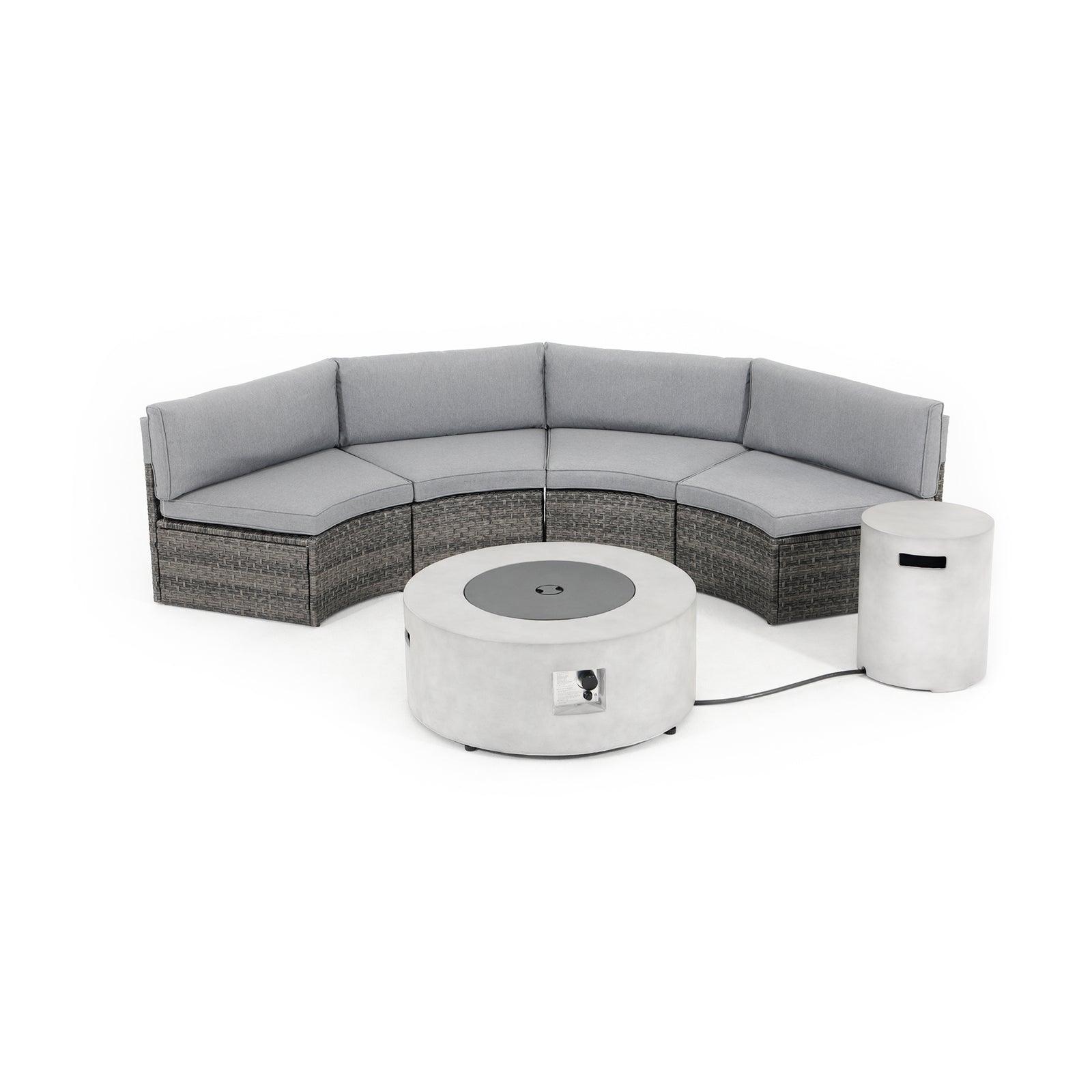 Boboli 4 seat Grey Wicker Curved Sectionals with grey cushions, and 1 grey Propane Fire Pit with tank holder - Jardina Furniture #color_Grey #piece_5-pc.