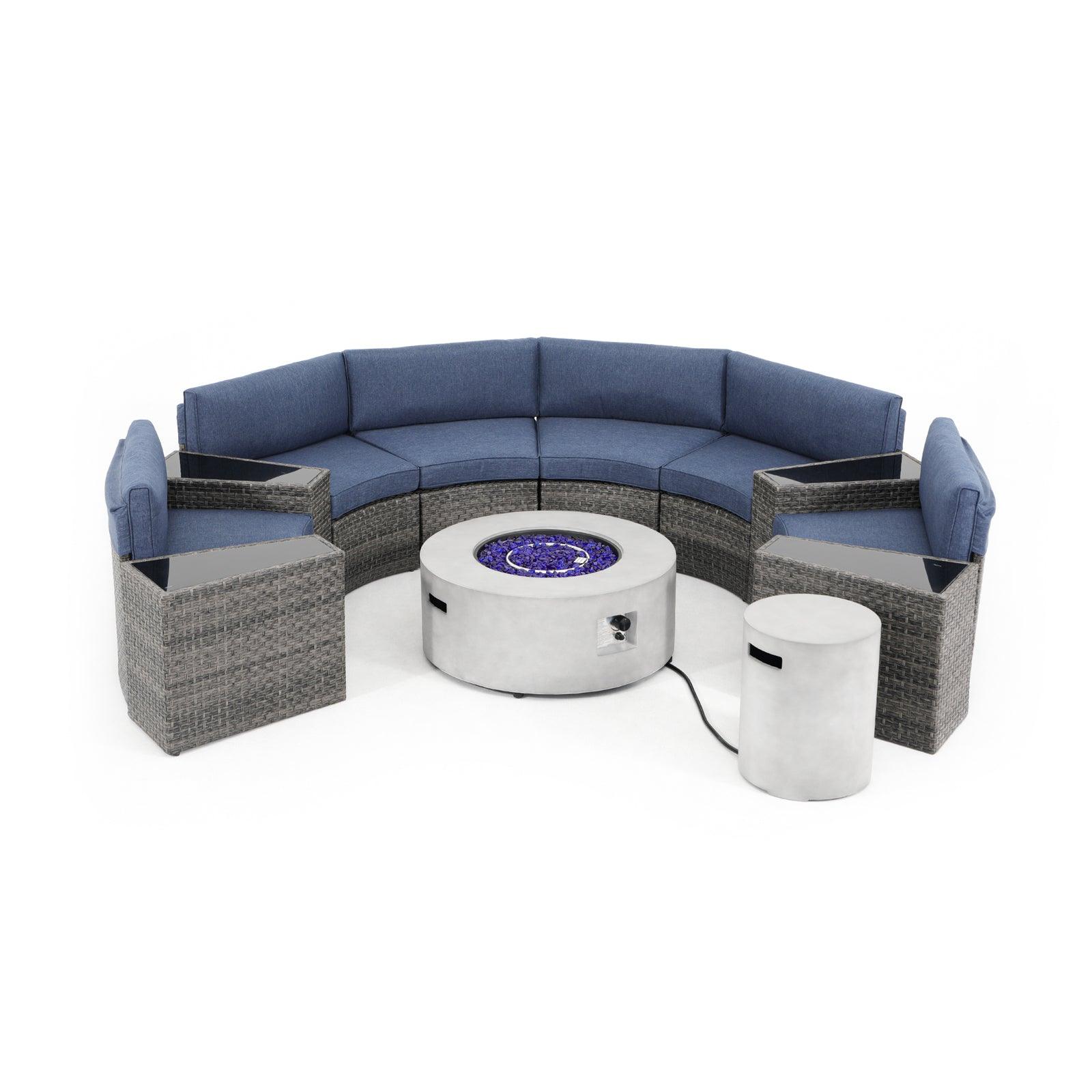 Boboli 6-seater Grey Wicker Curved Sectional sofas with navy blue cushions + 4 side tables + 1 grey Propane Fire Pit with tank holder, front view- Jardina Furniture#color_Navy Blue #piece_11-pc.