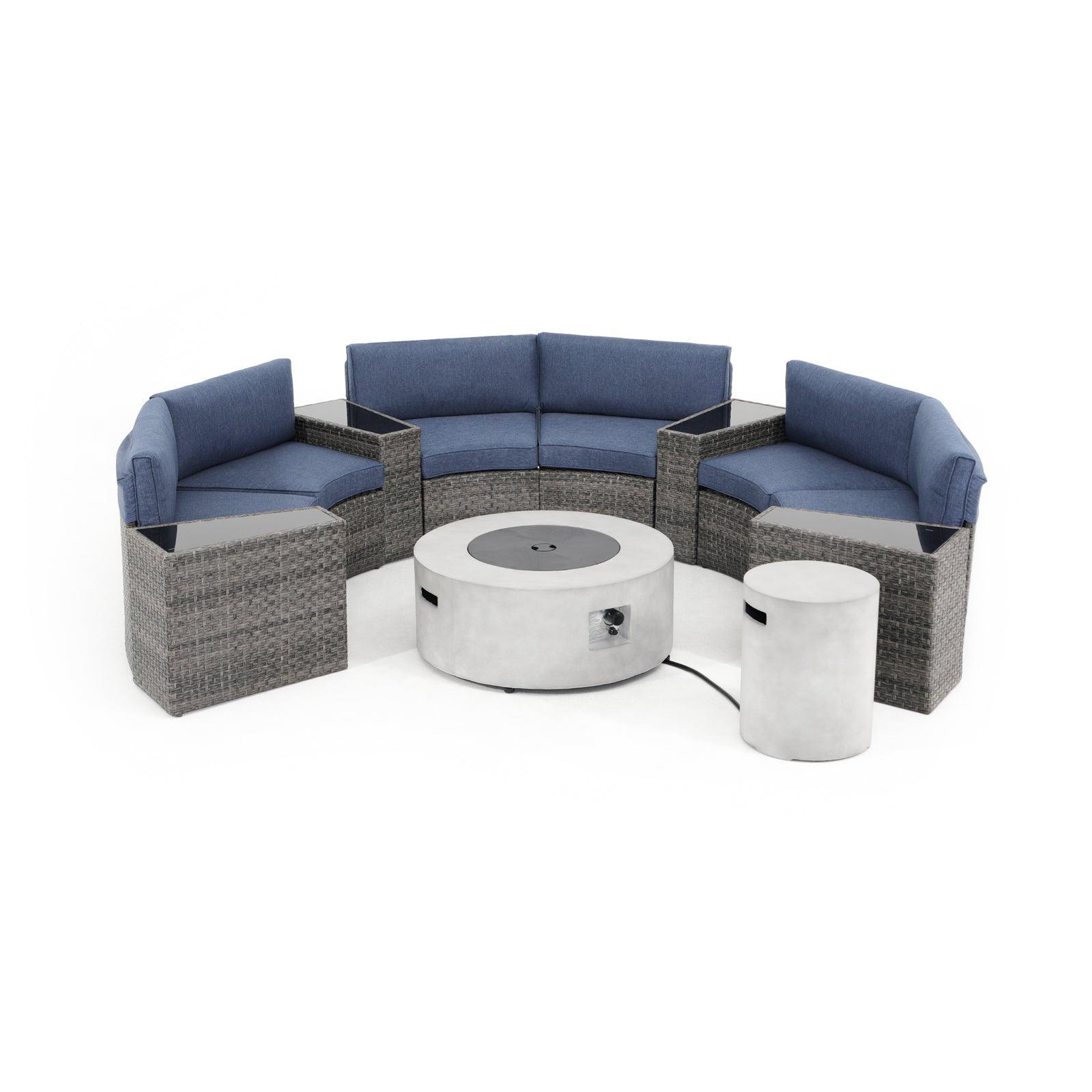 Boboli 6-seater Grey Wicker Curved Sectional sofas with navy blue cushions + 4 side tables + 1 grey Propane Fire Pit with tank holder and a lid, front view- Jardina Furniture#color_Navy Blue #piece_11-pc.