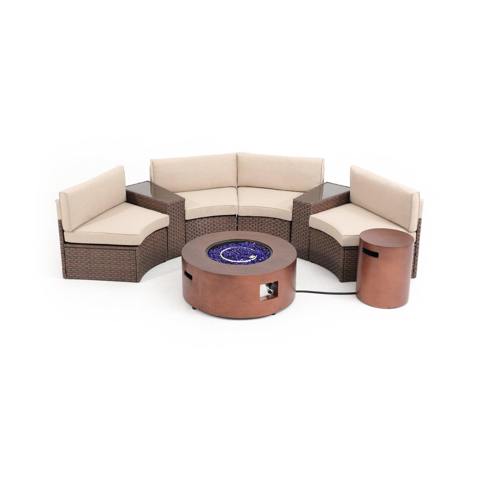 Boboli 4-seater brown Wicker Curved Sectional sofas with beige cushions + 2 side tables + 1 brown Propane Fire Pit with tank holder, front view - Jardina Furniture #color_Brown #piece_7-pc.