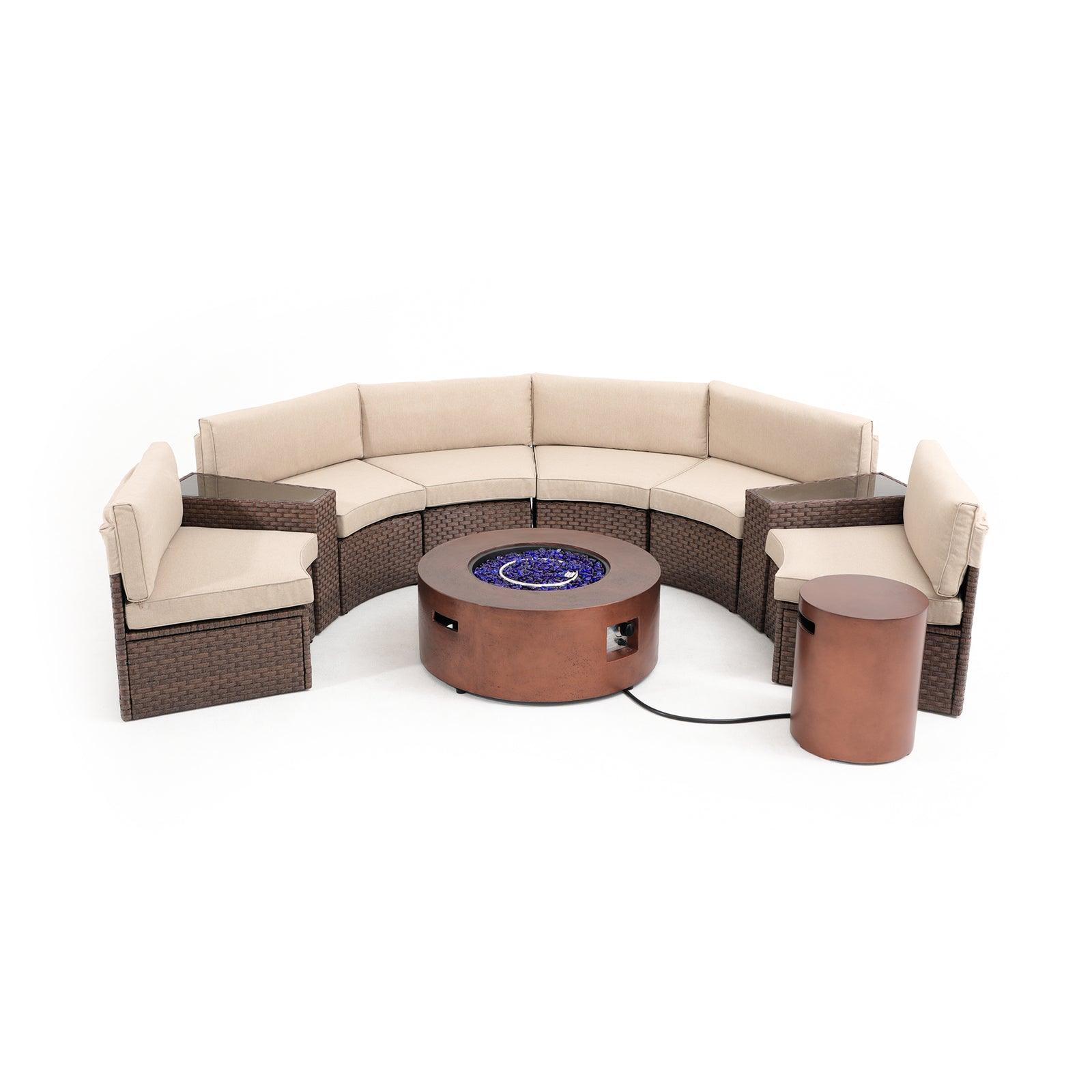 Boboli 6-seater brown Wicker Curved Sectional sofas with beige cushions + 2 side tables + 1 brown Propane Fire Pit with tank holder, front view - Jardina Furniture #color_Brown #piece_9-pc.