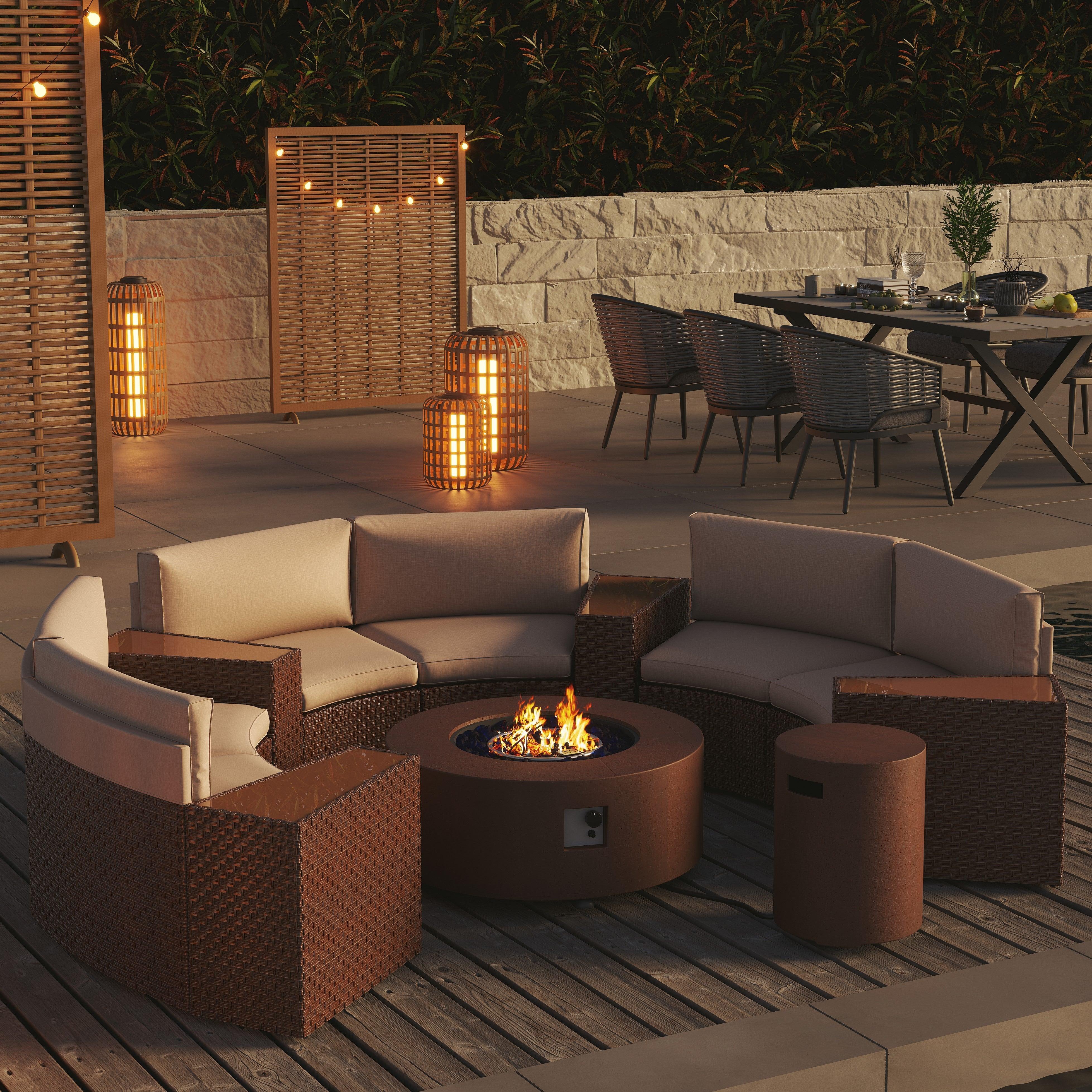 Boboli 6-seat brown Wicker Curved Sectionals with beige cushions + 4 side tables + 1 brown Propane Fire Pit with tank holder, outdoor background, left angle view - Jardina Furniture #color_Brown