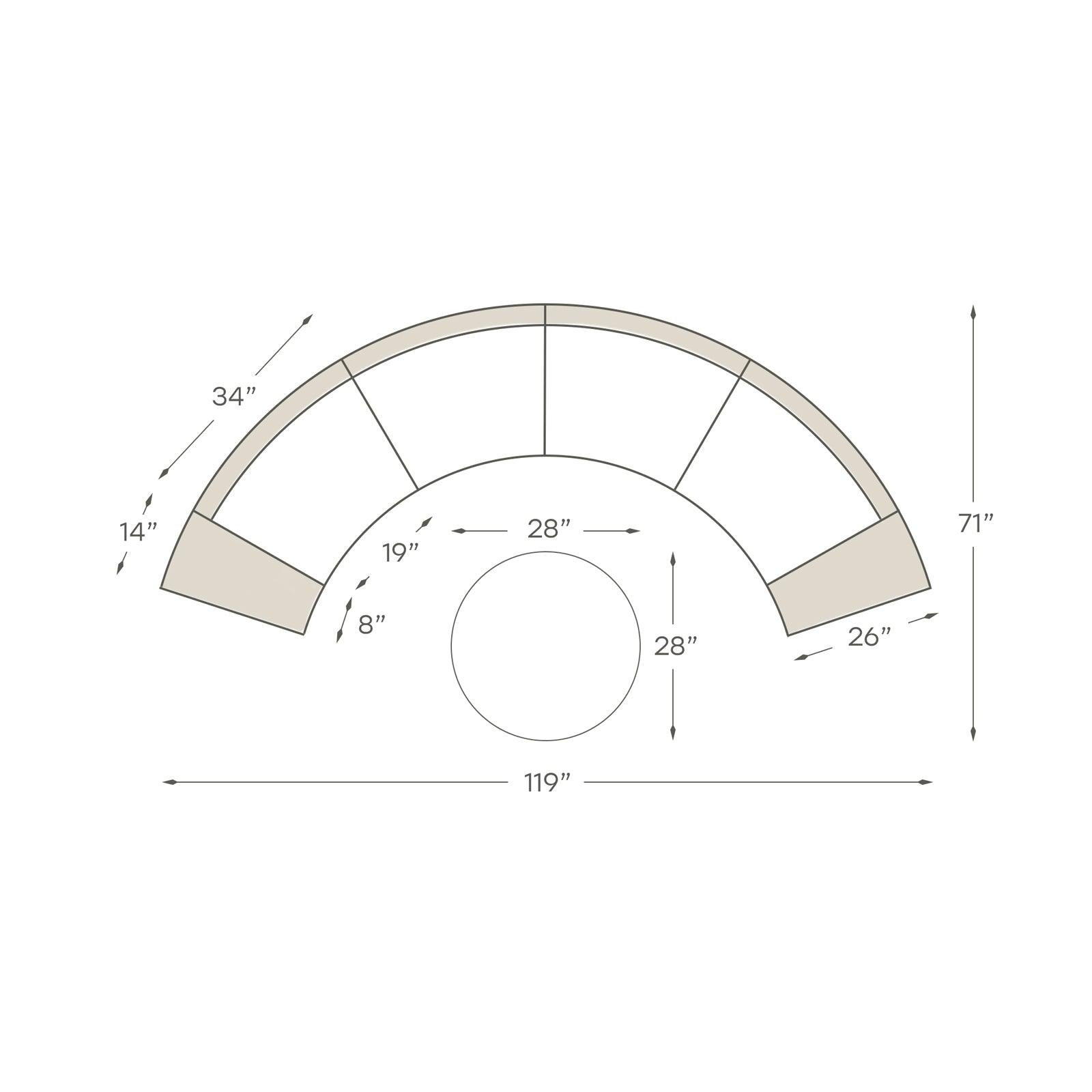 Boboli Grey/Navy blue/Brown Outdoor Wicker Curved Sectional Set, dimension - Jardina Furniture
