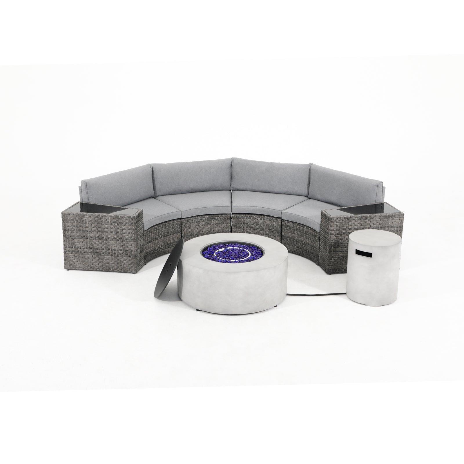 Boboli 4 seat Grey Wicker Curved Sectional sofas with grey cushions + 2 side tables + 1 grey Propane Fire Pit with tank holder and lid - Jardina Furniture #color_Grey #piece_7-pc.