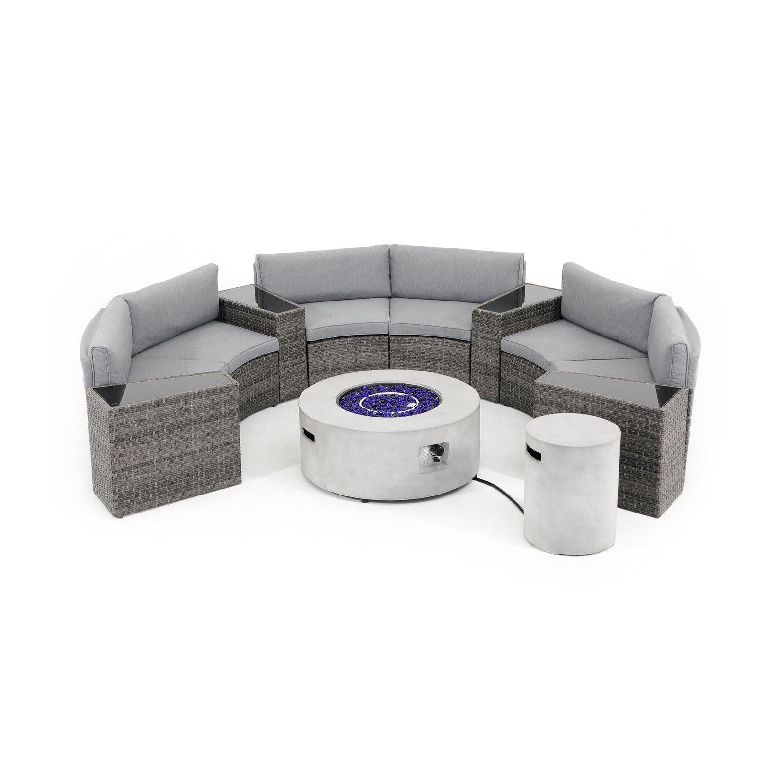 Boboli Modern Wicker Outdoor Furniture, 6-seater Grey Wicker Curved Sectional sofas with grey cushions, 4 side tables + 1 grey Propane Fire Pit with tank holder, front view- Jardina Furniture #color_Grey #piece_11-pc.