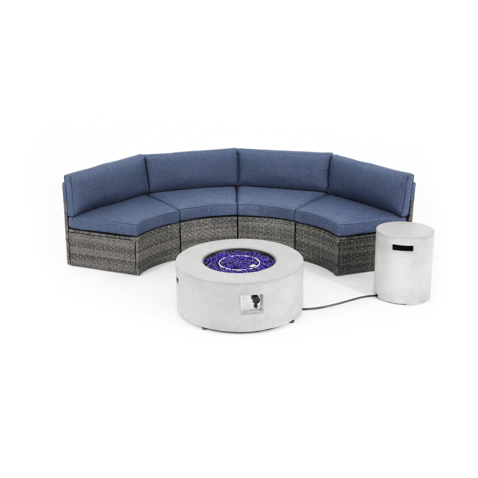 Boboli 4-seater Grey Wicker Curved Sectional sofas with navy blue cushions + 1 grey Propane Fire Pit with tank holder, front view- Jardina Furniture#color_Navy Blue #piece_5-pc.