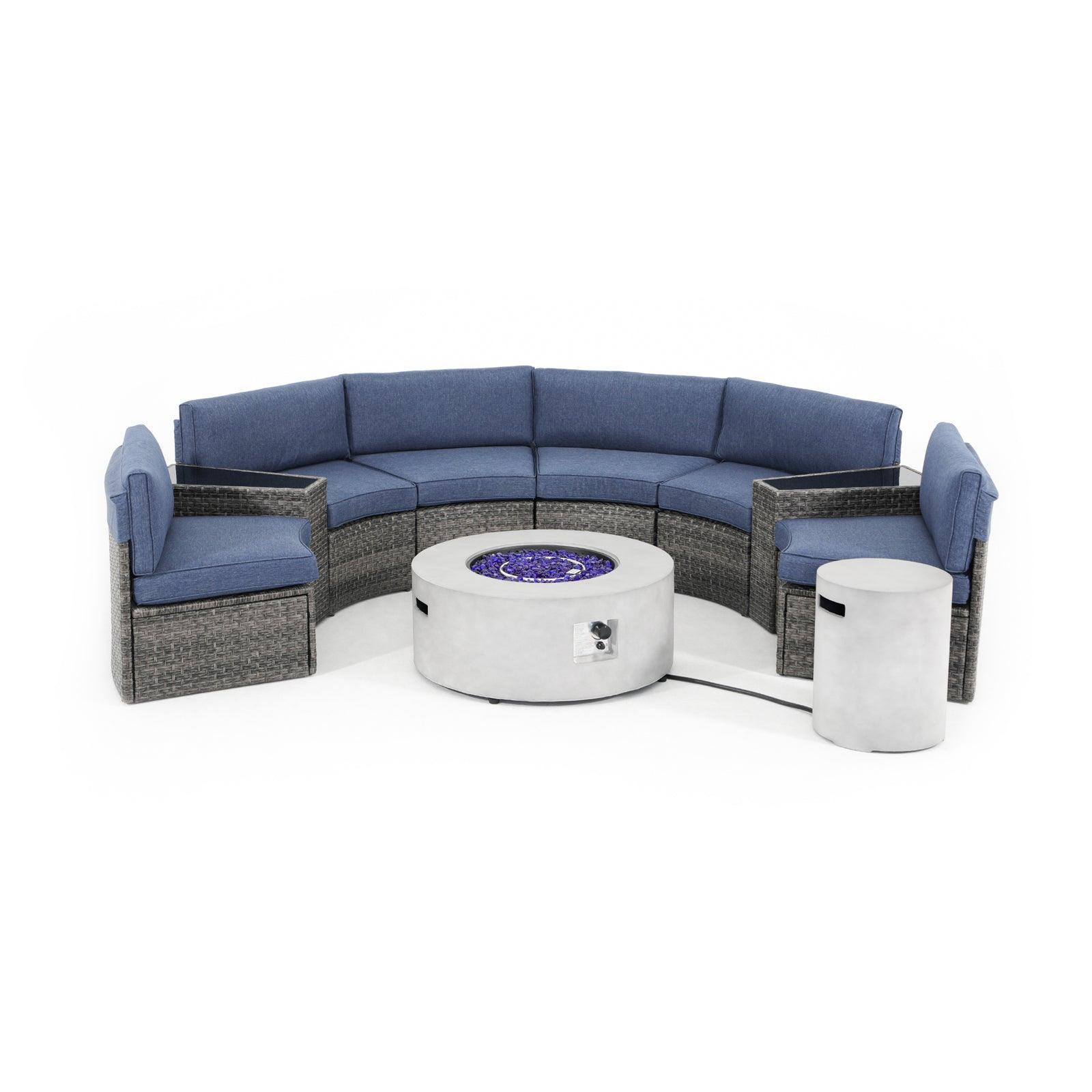 Boboli 6-seater Grey Wicker Curved Sectional sofas with navy blue cushions +2 side tables + 1 grey Propane Fire Pit with tank holder, front view- Jardina Furniture#color_Navy Blue #piece_9-pc.
