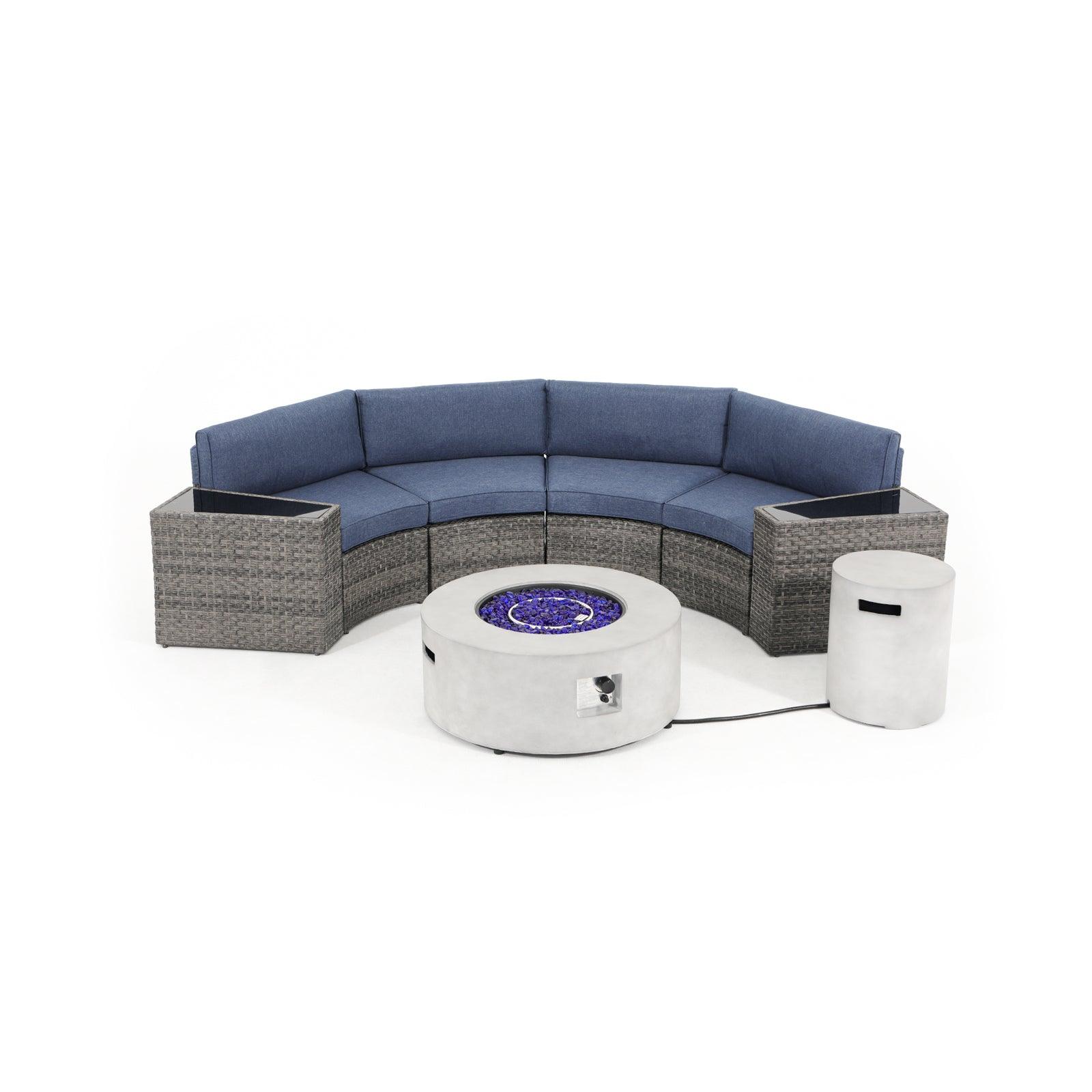 Boboli 4-seater Grey Wicker Curved Sectional sofas with navy blue cushions +2 side tables + 1 grey Propane Fire Pit with tank holder, front view- Jardina Furniture#color_Navy Blue #piece_7-pc.