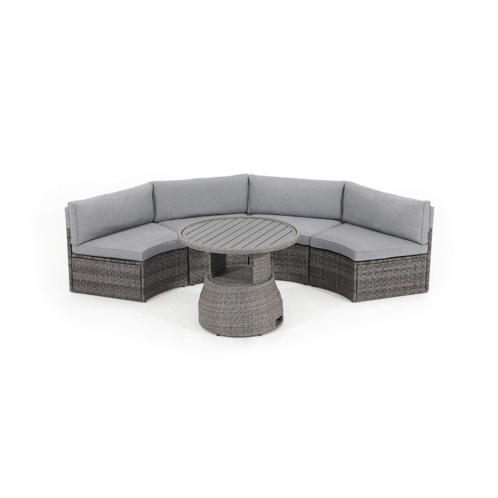 Boboli Modern Wicker Outdoor Furniture, 4-seater Grey Outdoor Wicker Curved Sectional sofas with grey cushions + 1 Lift-top round table, front view - Jardina Furniture#color_Grey#piece_5-pc.