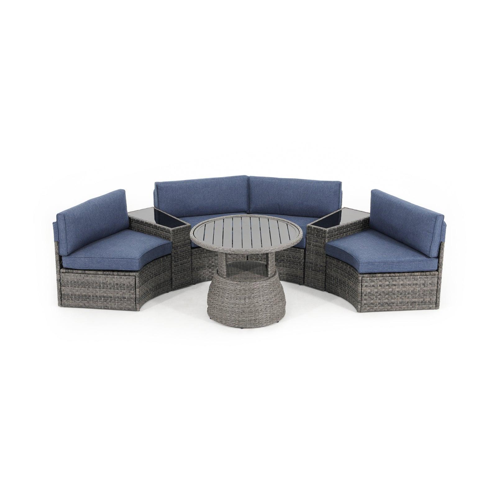 Boboli grey wicker Curved Sectional sofa set with navy blue cushions + 2 side tables + 1 Lift-top grey wicker round table - Jardina Furniture#color_Navy Blue#piece_7-pc.