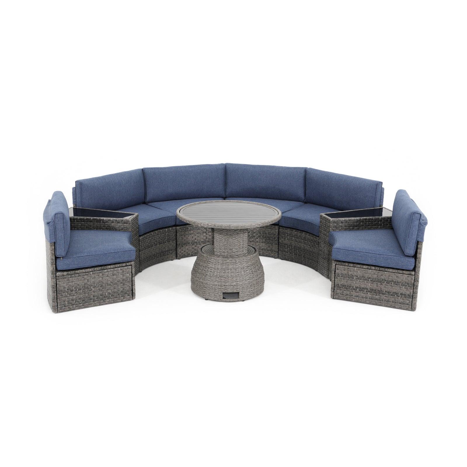 Boboli 6-seater Grey Outdoor Wicker Curved Sectional sofas with navy blue cushions + 2 wicker side tables + 1 Lift-top grey wicker round table, front view - Jardina Furniture#color_Navy Blue#piece_9-pc.