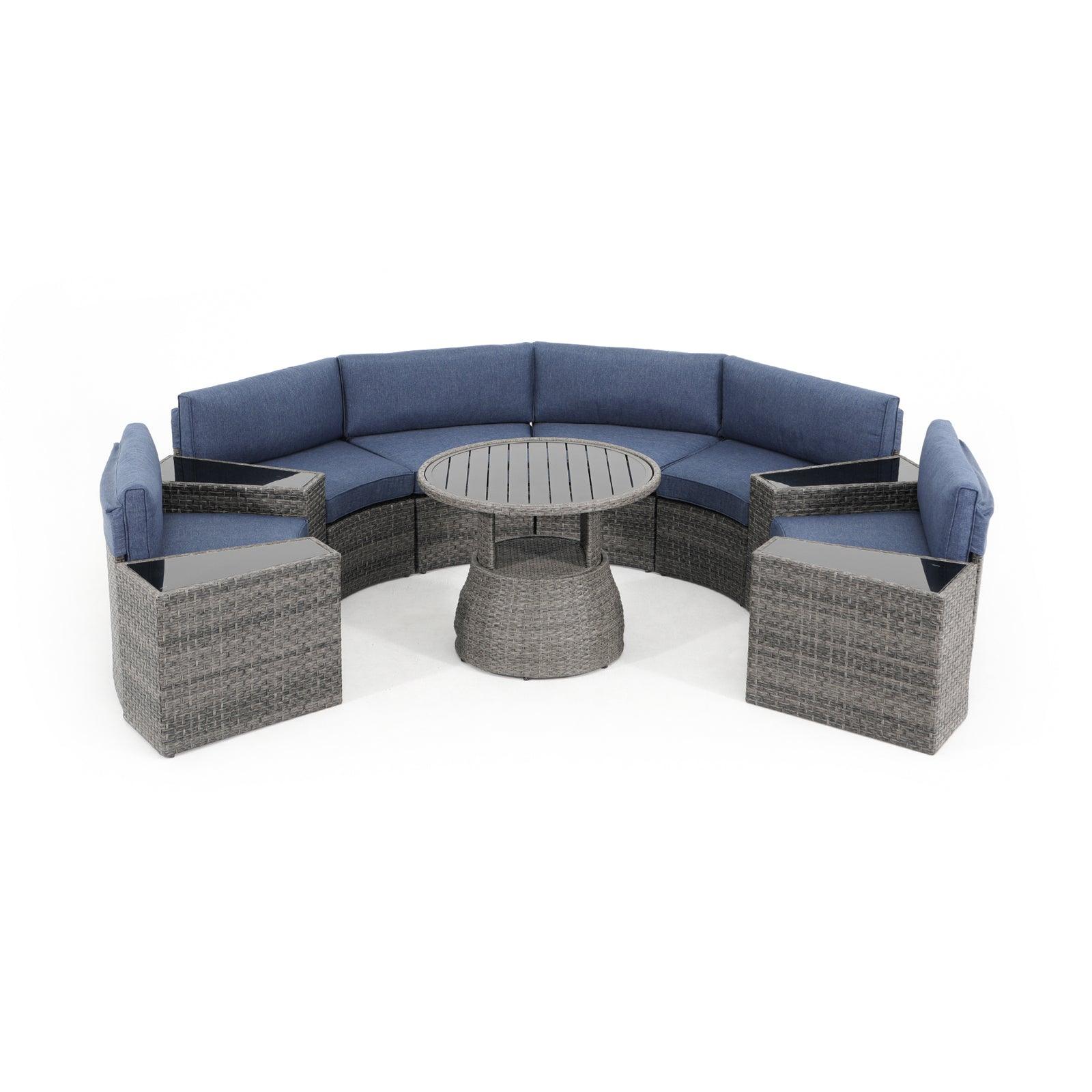 Boboli 6-seater Grey Outdoor Wicker Curved Sectional sofas with navy blue cushions + 4 wicker side tables + 1 Lift-top grey wicker round table, front view - Jardina Furniture#color_Navy Blue#piece_11-pc.
