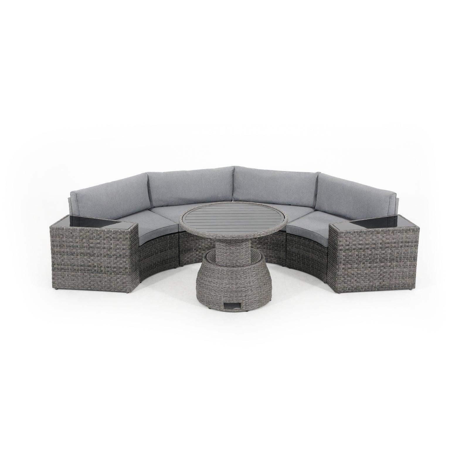 Boboli Modern Curved Wicker Outdoor Furniture, 4-seater Grey Outdoor Wicker Curved Sectional sofas with grey cushions + 2 wicker side tables + 1 Lift-top round table, front view - Jardina Furniture#color_Grey#piece_7-pc.