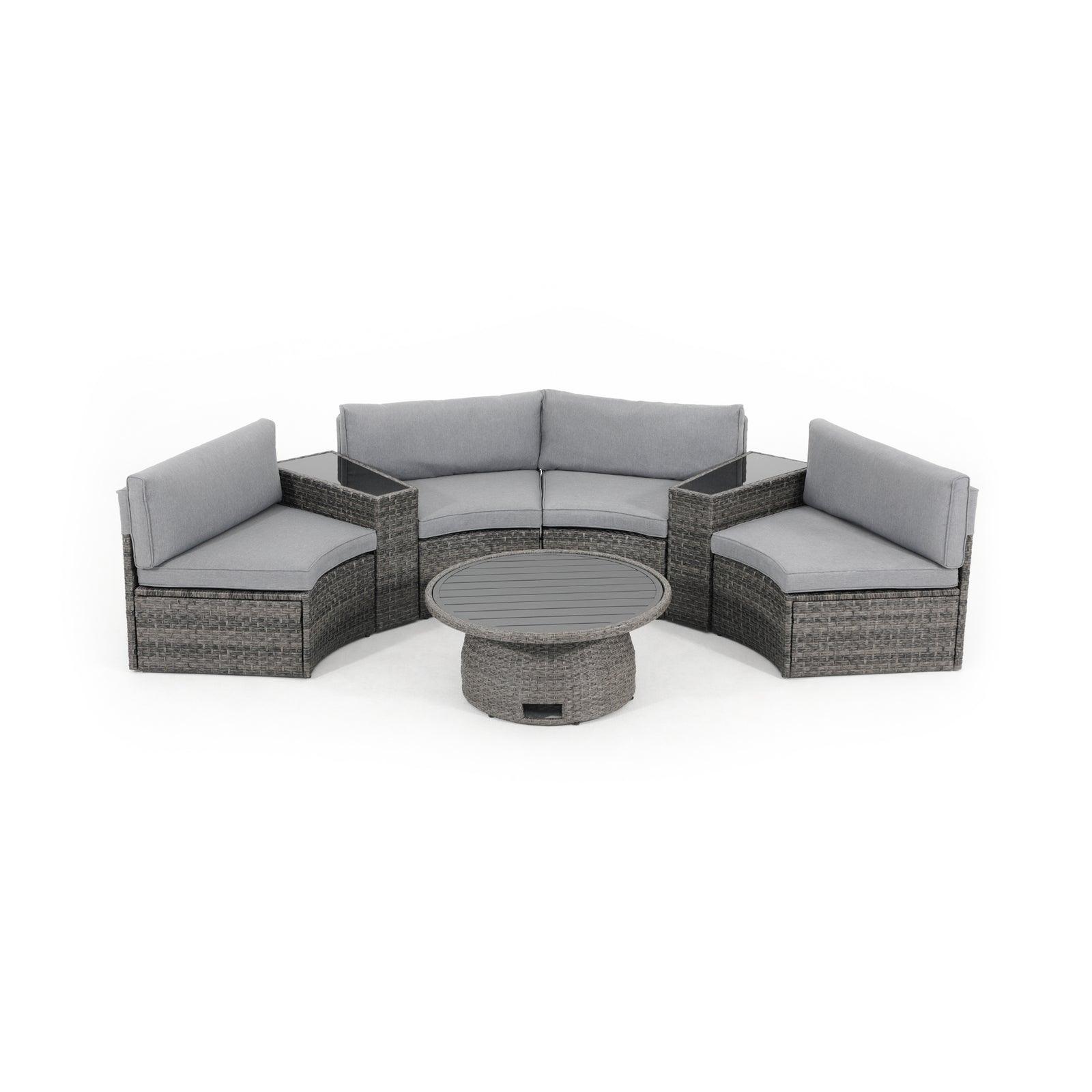 Boboli 4-seater Grey Outdoor Wicker Curved Sectional sofas with grey cushions + 2 wicker side tables + 1 Lift-top round table (fold), front view - Jardina Furniture#color_Grey#piece_7-pc.
