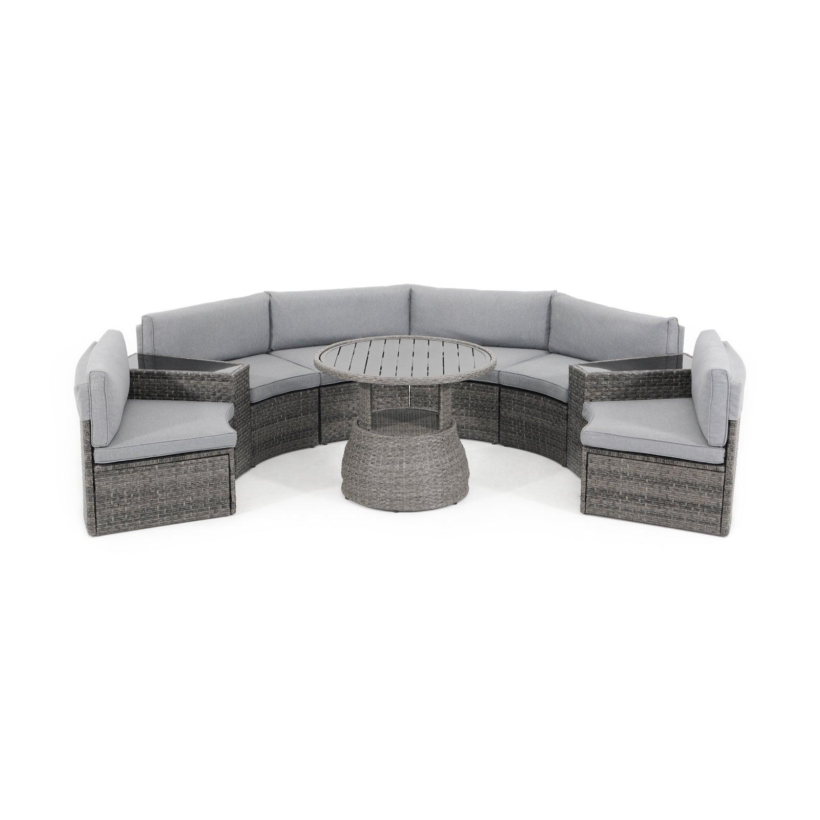 Boboli 6-seater Grey Outdoor Wicker Curved Sectional sofas with grey cushions + 2 wicker side tables + 1 Lift-top round table, front view - Jardina Furniture#color_Grey#piece_9-pc.