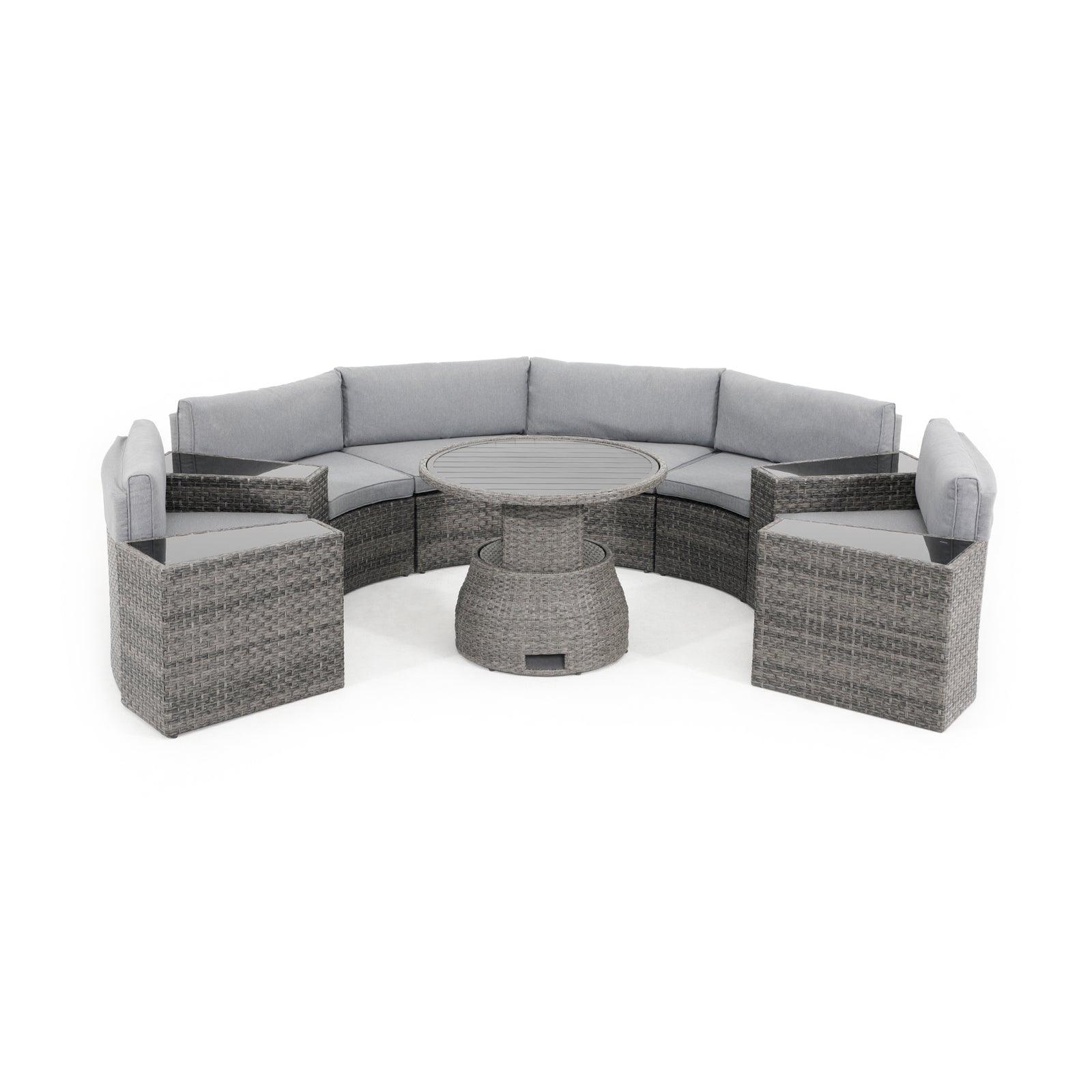 Boboli 6-seater Grey Outdoor Wicker Curved Sectional sofas with grey cushions + 4 wicker side tables + 1 Lift-top round table, front view - Jardina Furniture#color_Grey