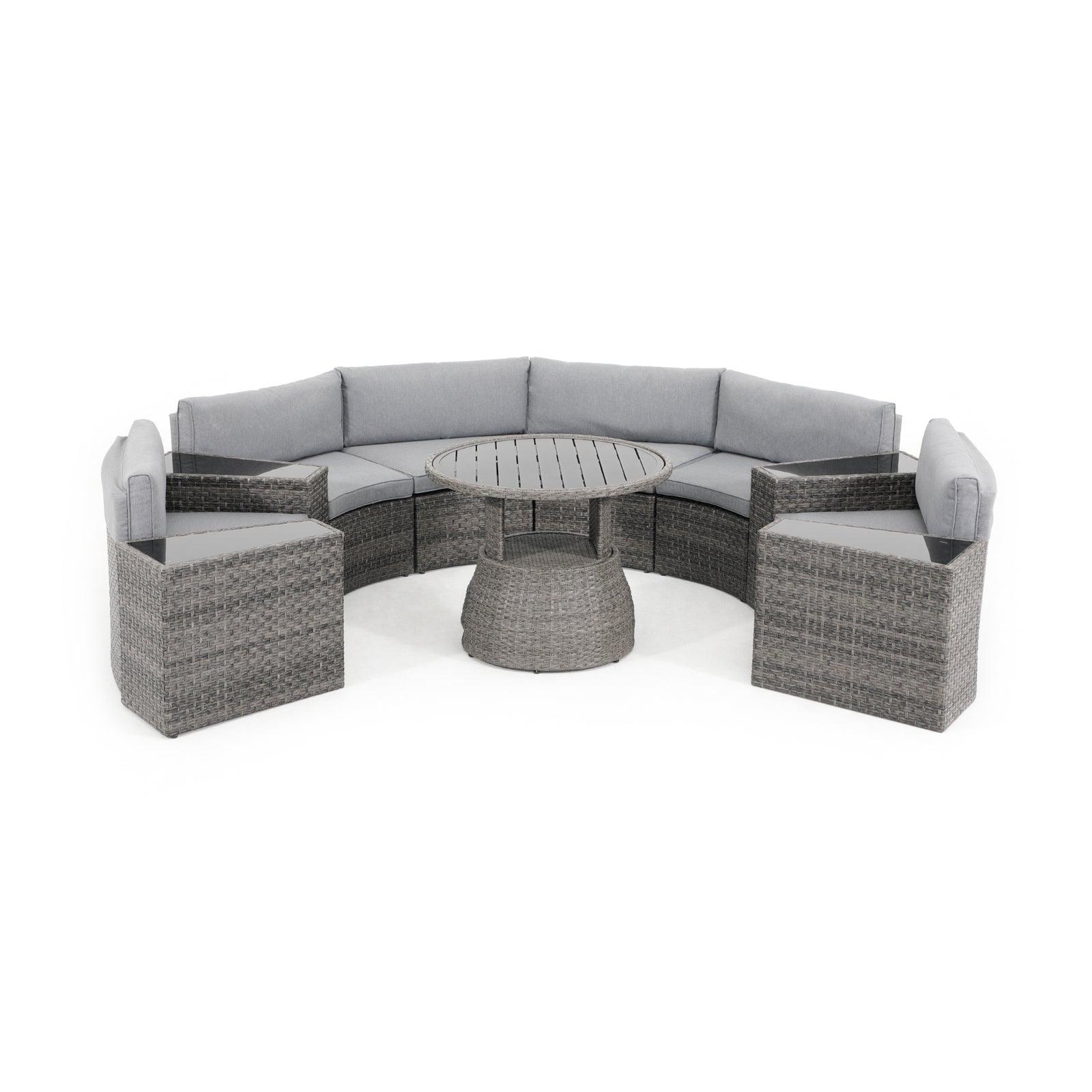 Boboli 6-seater Grey Outdoor Wicker Curved Sectional sofas with grey cushions + 4 wicker side tables + 1 Lift-top round table(expand), front view - Jardina Furniture#color_Grey#piece_11-pc.