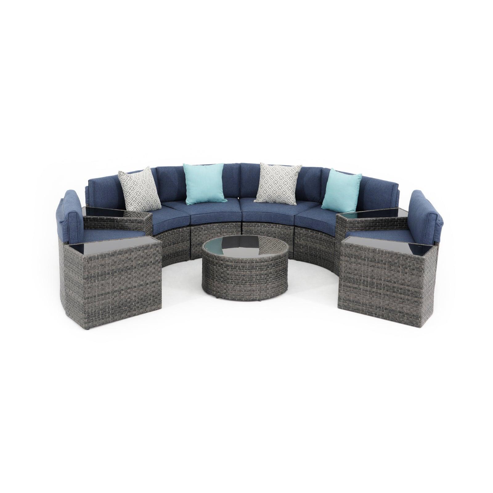 Boboli 11-piece Grey Wicker Curved Sectional Set with navy blue cushions, 1 Round Glass Table + 4 glass top side tables + 6 sectional sofas, front- Jardina Furniture #color_Navy Blue #piece_11-pc.
